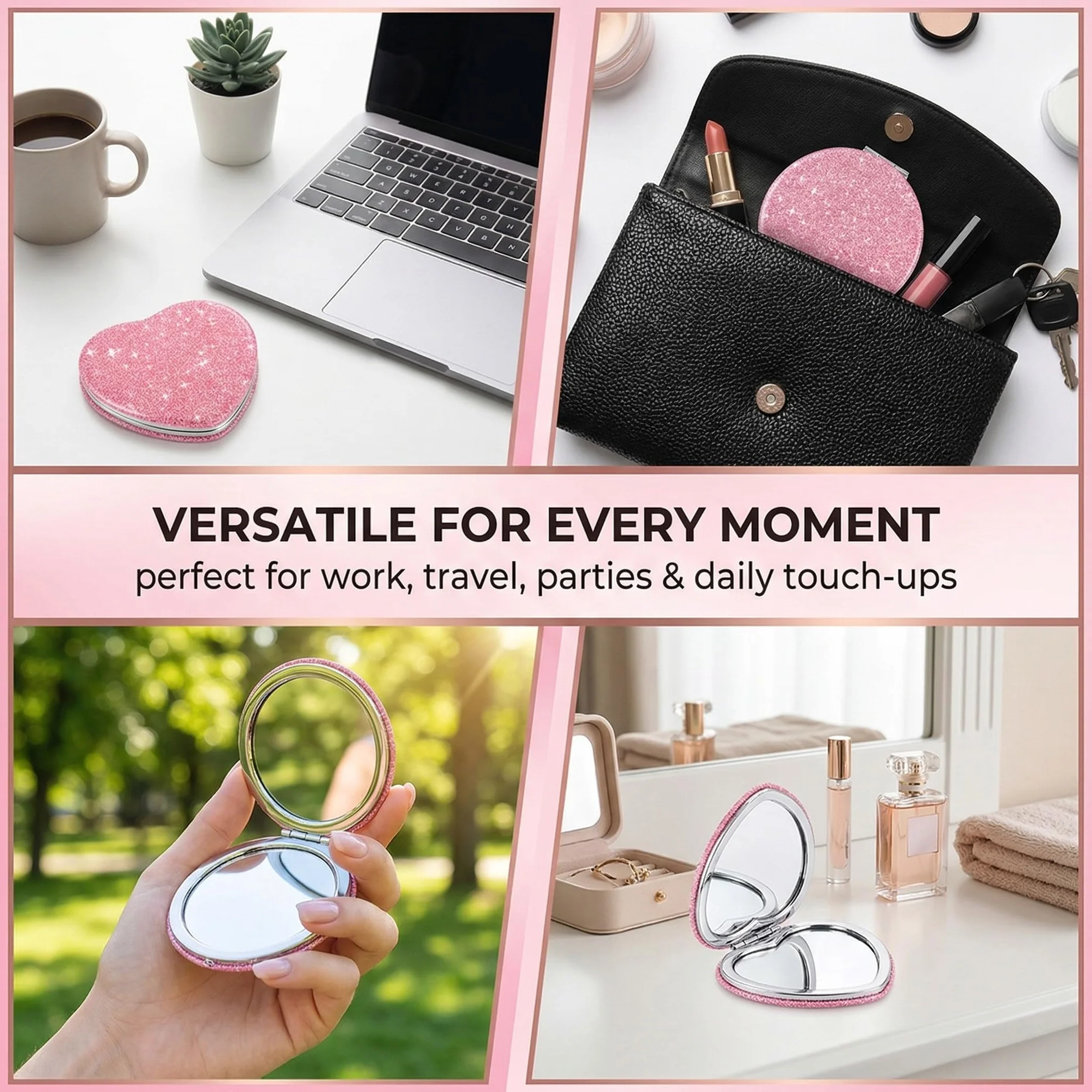 Specchietto da Borsetta Mini Glitter Specchio da Trucco Pieghevole Portatile 2 Lati 1x/2x Ingranditore Rosa
