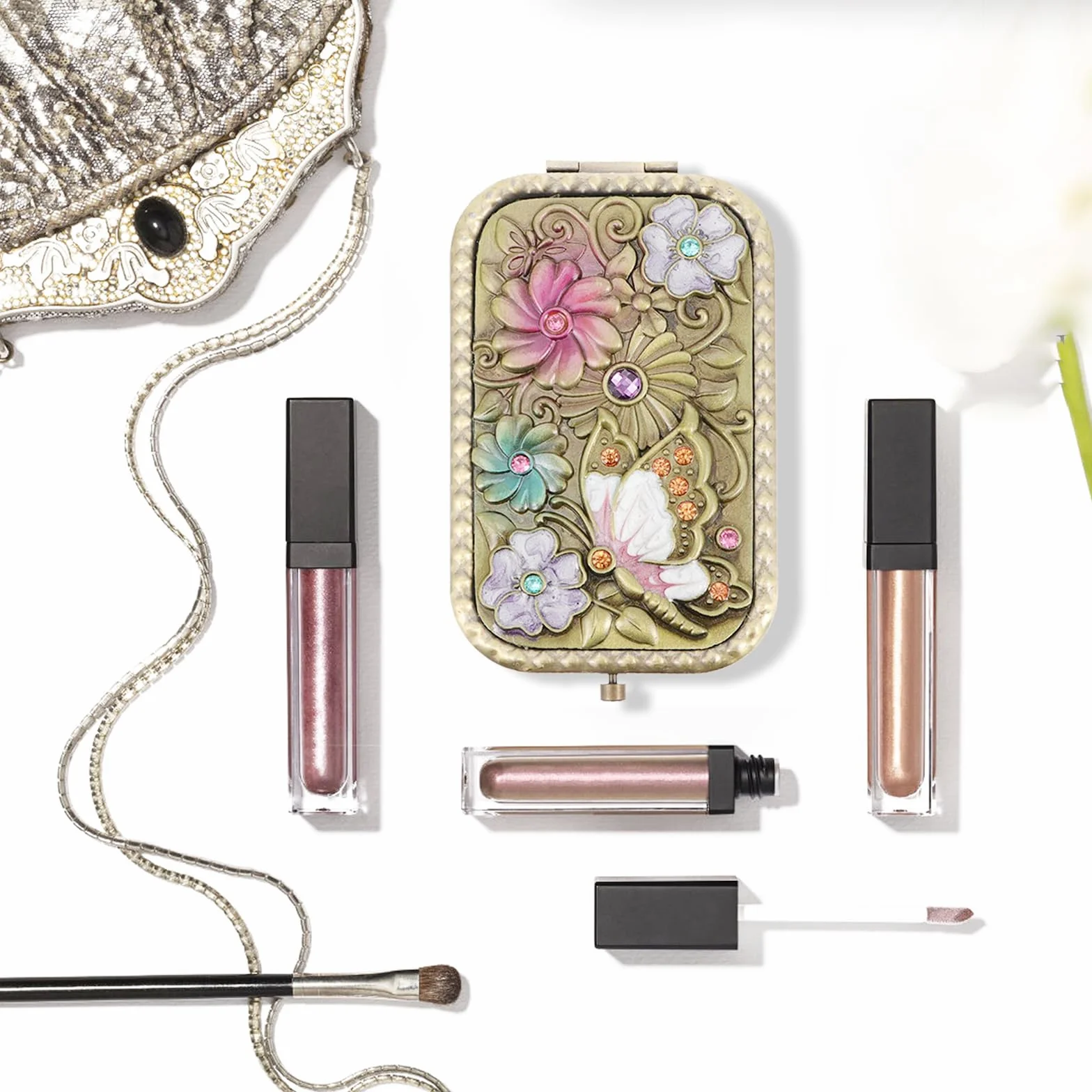 Specchio Pieghevole Vintage Oro Portatile Trucco Compatto Rettangolare da Viaggio