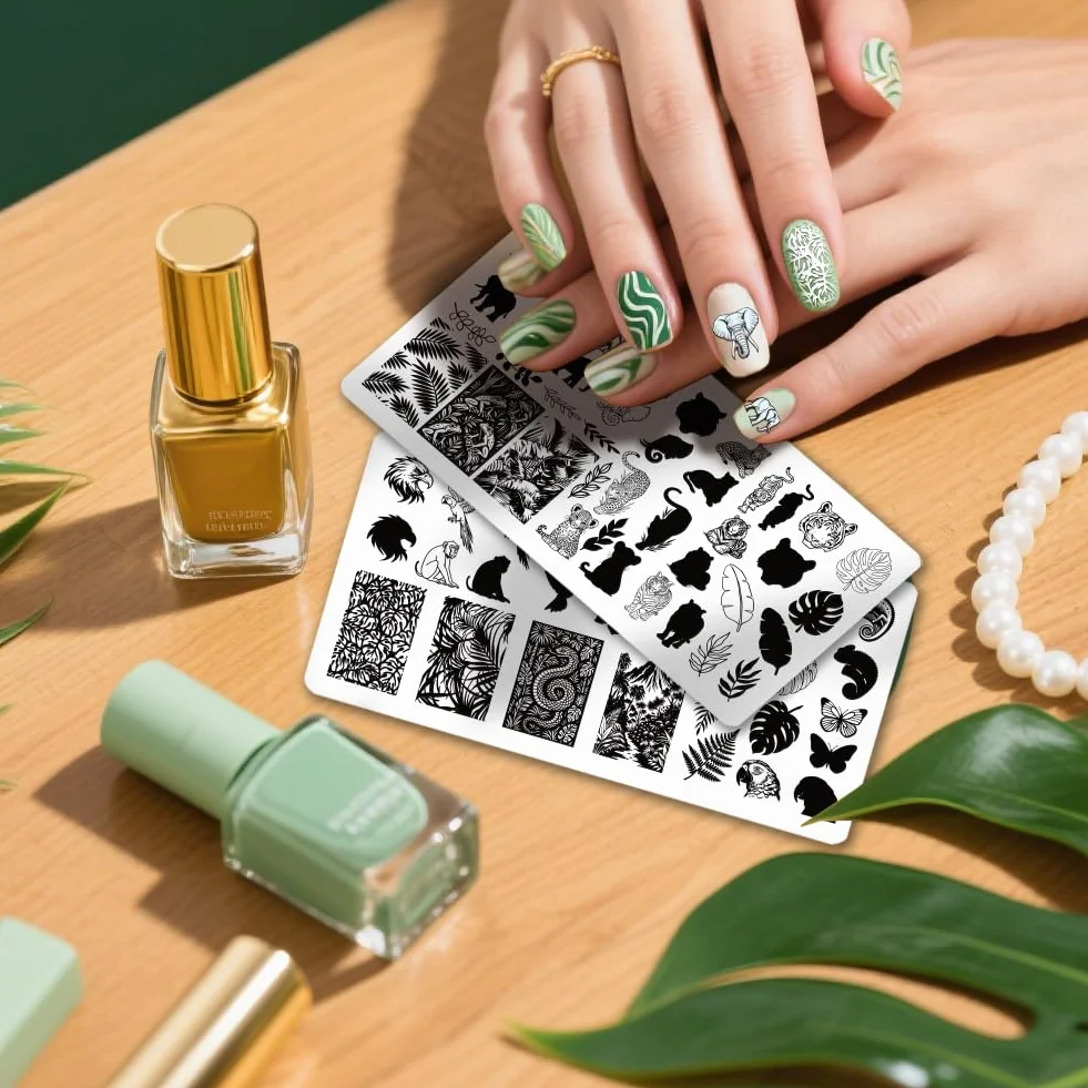 PH PandaHall 3 pezzi per unghie con animali selvatici, per nail art, template di tigre, elefanti, nail art, farfalle, serpenti, piastre per unghie per donne, fai da te, manicure e saloni