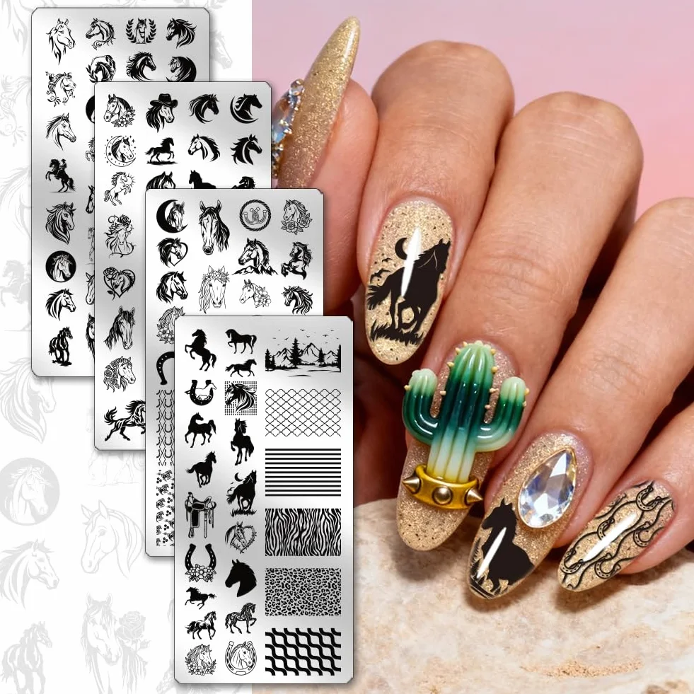 PH PandaHall 4 piastre per stampaggio unghie cavallo corsa modello nail art animali unghie arti stencil ferri di cavallo manicure design timbro unghie piastre immagine per donne manicure fai da te