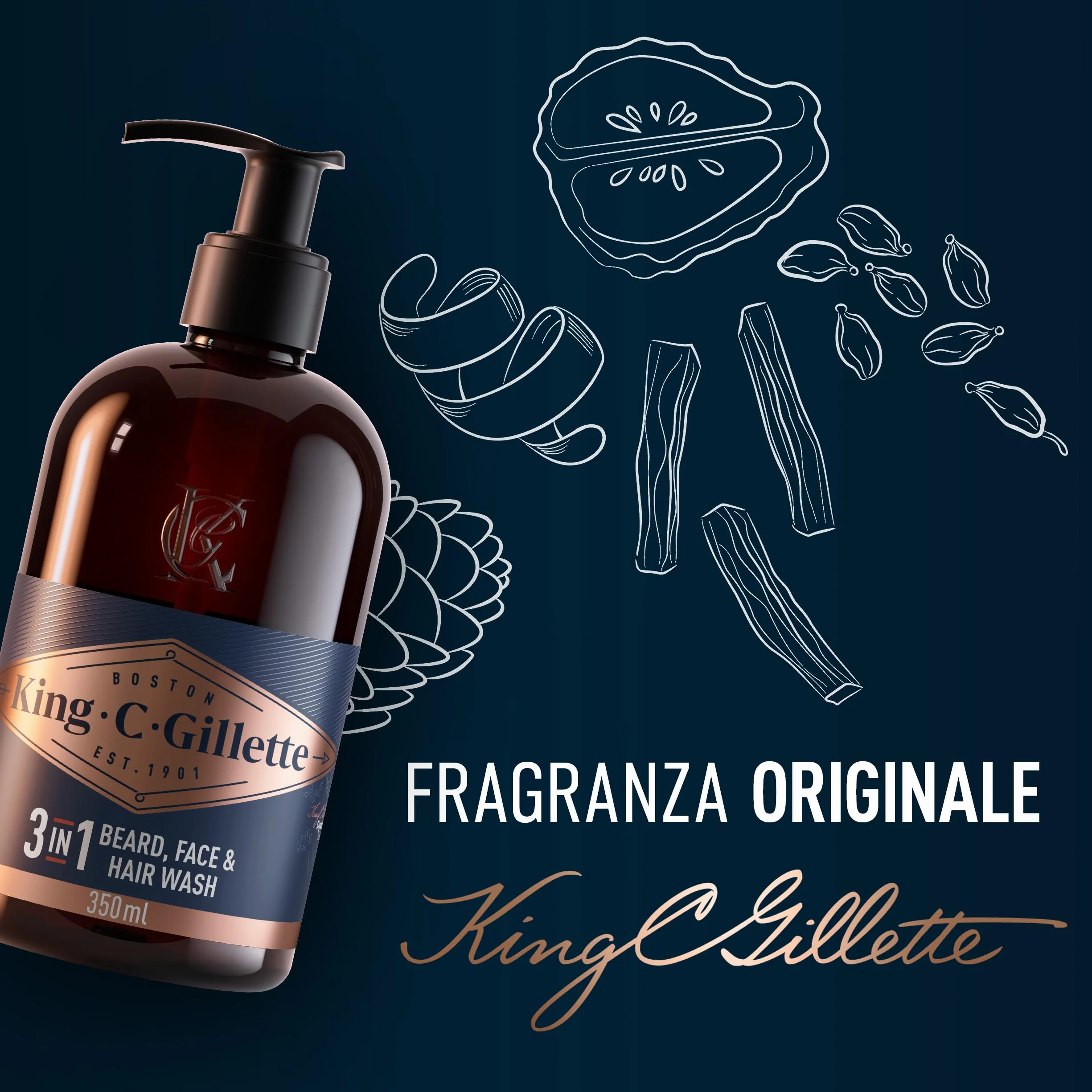 King C. Gillette Detergente Viso Uomo 3 in 1, Sapone Barba, Viso e Capelli, Pulizia e Freschezza, Profumazione King C., Cura della Barba, Idea Regalo Uomo