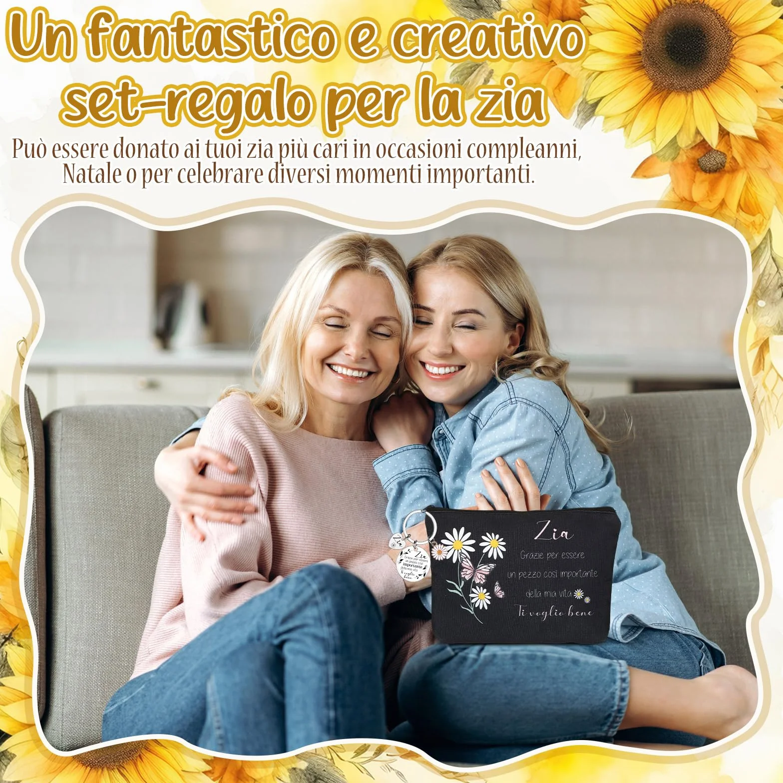 2 Pezzi Regalo per Zia Pochette Portatrucchi Portachiavi Ciondolo per Zia Compleanno Trousse per Cosmetici Borsa da Trucchi Floreale Regalini da Nipote per Donna Festa Natale(Nero)