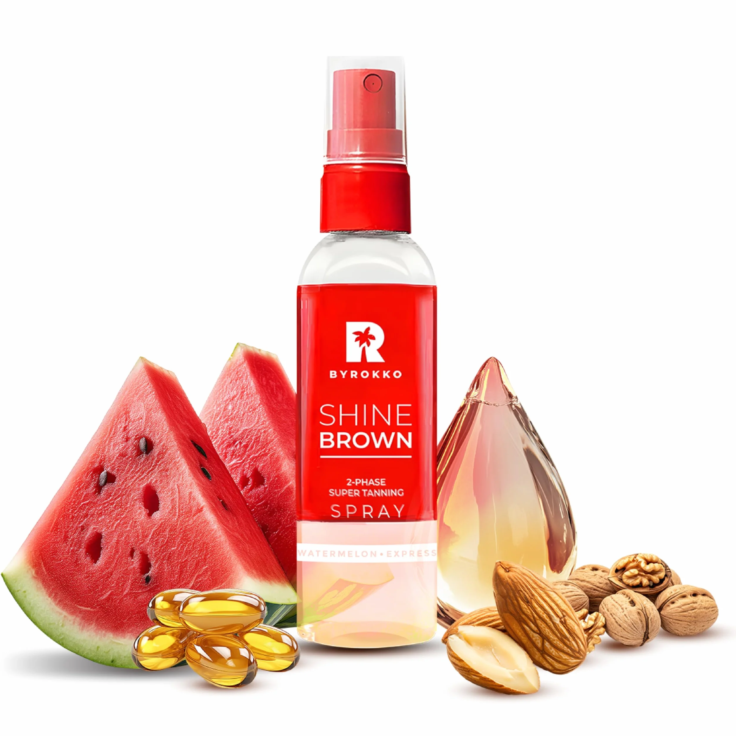 BYROKKO Shine Brown Spray Abbronzante Bifasico Anguria (100 ml), acceleratore con oli naturali e acido ialuronico, per sole e lettino, formula idratante a rapido assorbimento
