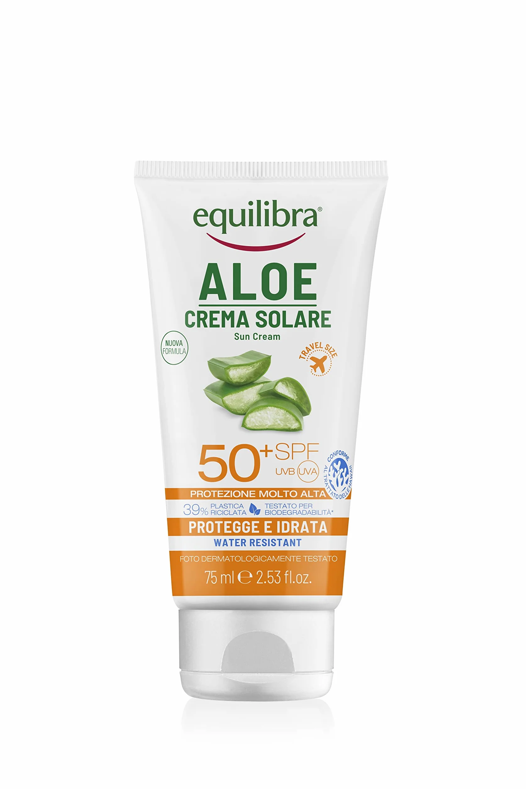 equilibra Solari, Aloe Crema Solare SPF 50+ Travel Size, con Aloe Vera, Vitamina C ed E, Olio di Argan, Olio di Cocco e Burro di Karité, Per un'Abbronzatura Sana e Naturale, Water Resistant, 75ml