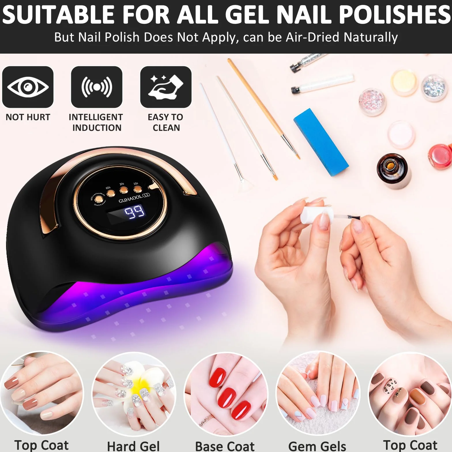 Lampada Unghie UV LED, 180W Fornetto Unghie Può Curare Rapidamente, con 4 Timer 10s/30s/60s/99s,Sensore Di Avvio Automatico, LCD Display Lampada per unghie per Gel Nail Polish Light, Nero