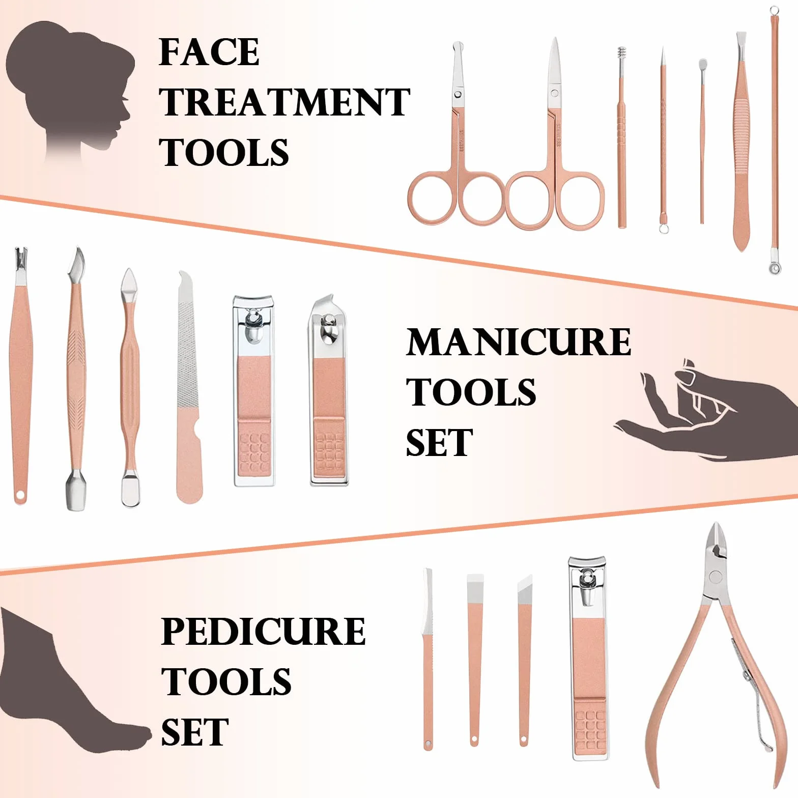 Zestaw do manicure 18 sztuk, stal nierdzewna, przenośny, podróżny (złoty różowy)