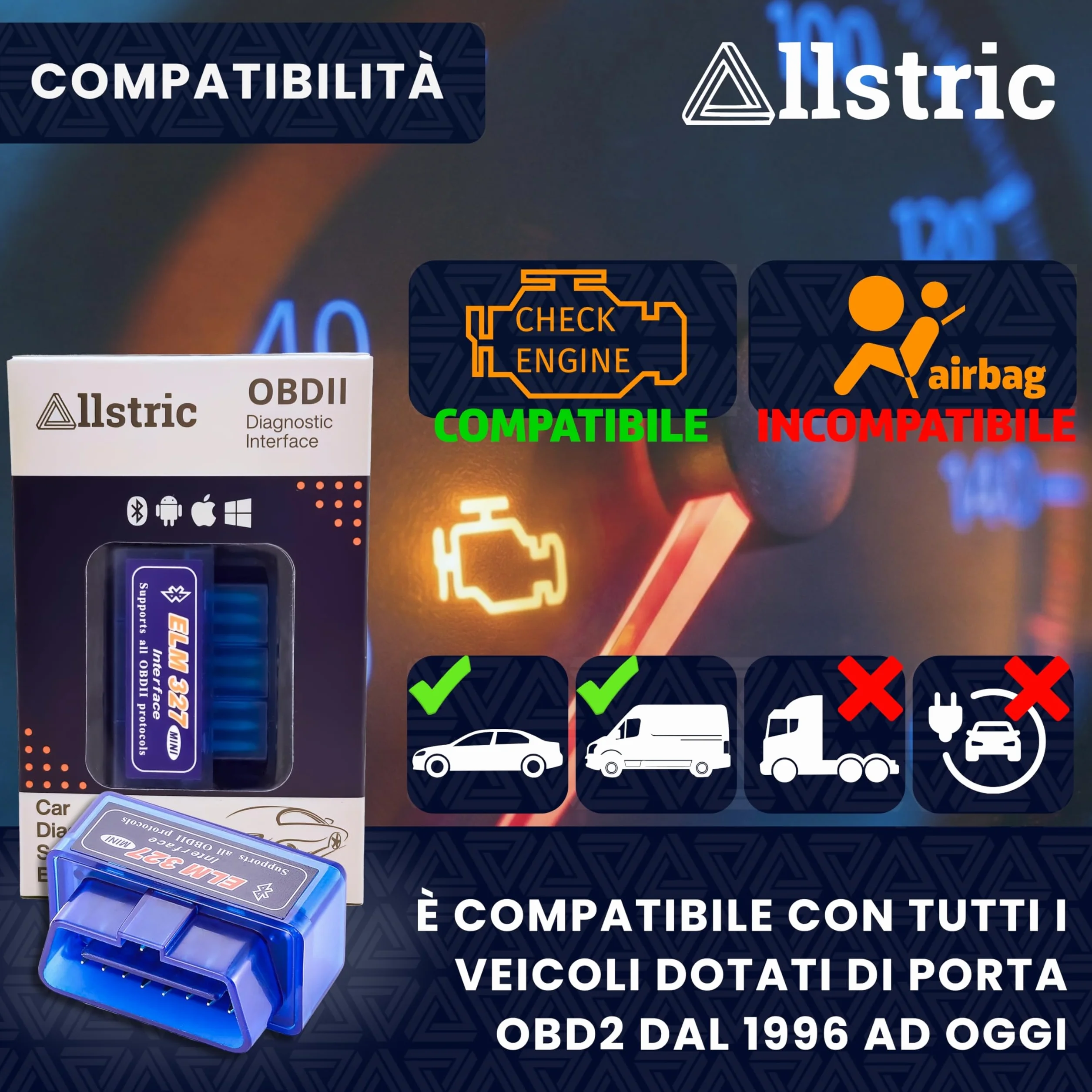 ELM327 OBD2 Bluetooth Diagnostica Auto Scanner per Veicoli dal 1996