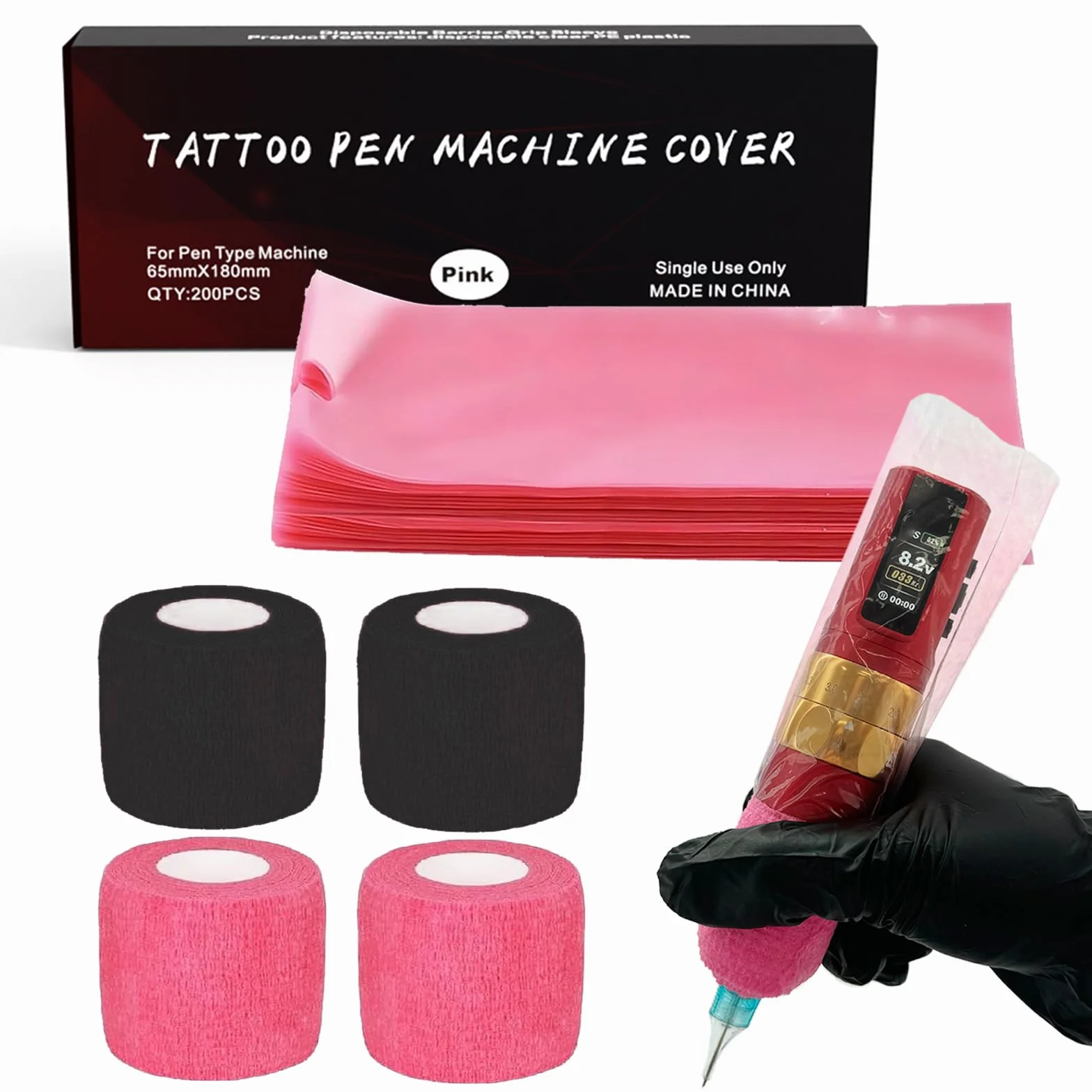 Coperture per Macchinette per Tatuaggi con Nastri di Presa - LEAYOKA 4 pezzi (5cmx4.5m) Tattoo Grip Tapes con 200 pezzi (6.5cmx18cm) Rosa Coperture Monouso per Macchine per Tatuaggi