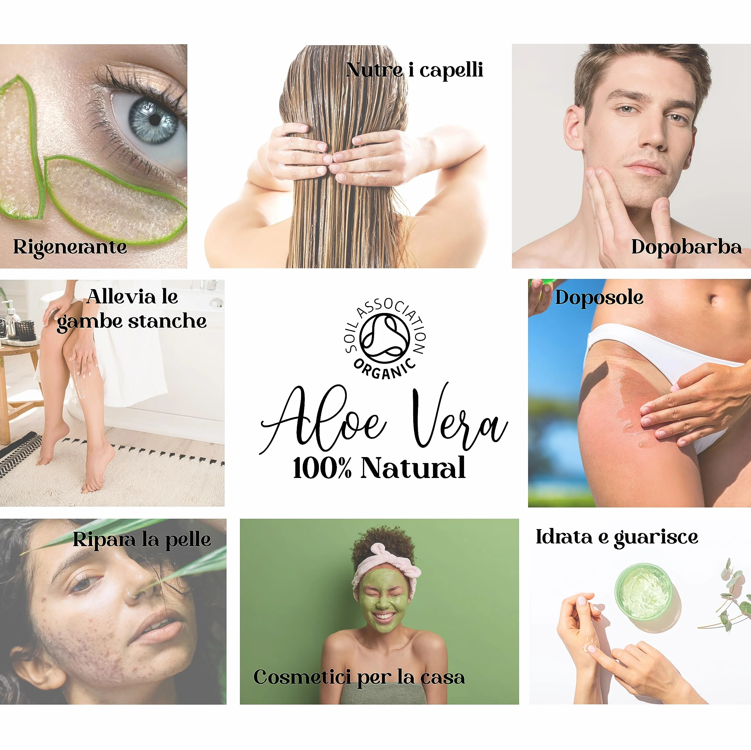 Gel di Aloe Vera Puro al 100% - Idratante per Viso, Corpo e Capelli - Lenitivo per Scottature, Dopobarba e Trattamento Acne- 1000 ml 1 kg