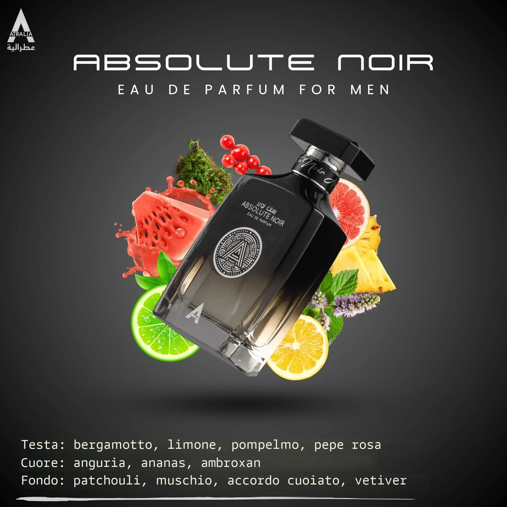 Atralia Absolute Noir Eau De Parfum Uomo 100 Ml 3.4 Oz