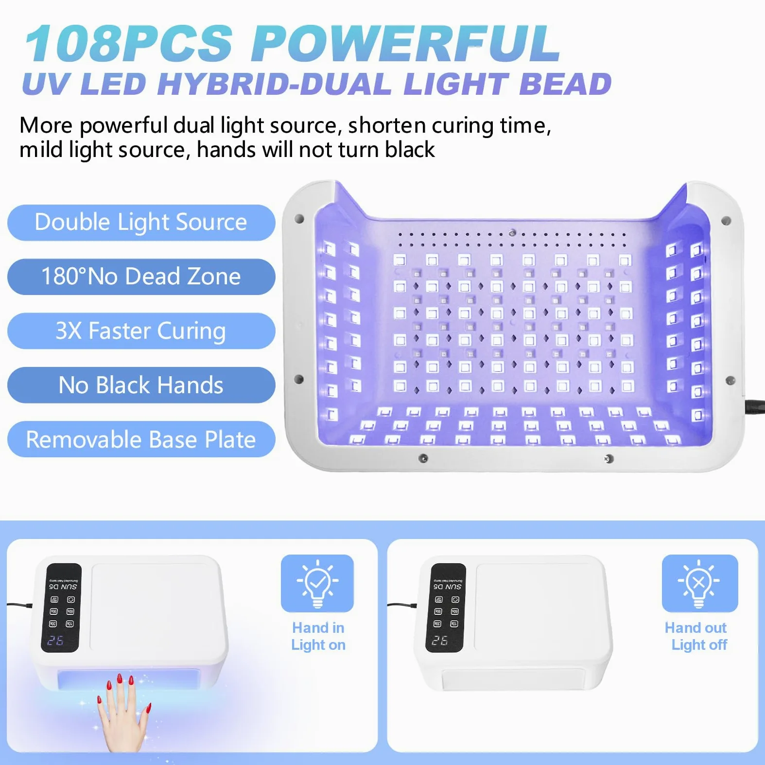 Lampada UV LED per unghie da 480 W con display LCD, asciuga unghie professionale, asciugatura gel UV con 140 perline (108 UV + 32 rossi), 4 modalità timer e touch screen, vassoio rimovibile, per gel