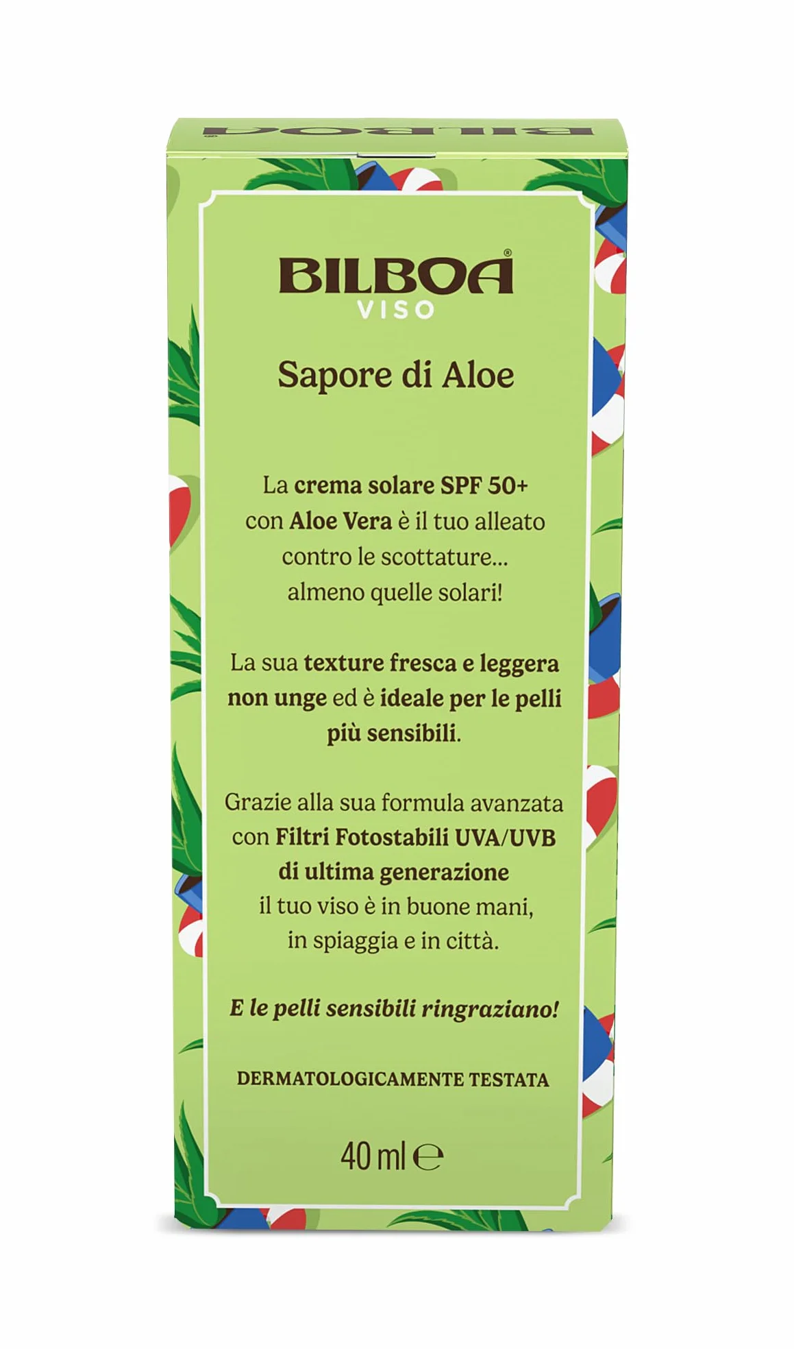 Bilboa Sapore di Aloe Crema Solare Viso SPF 50+ 40 ml Resistente all’Acqua Pelli Sensibili