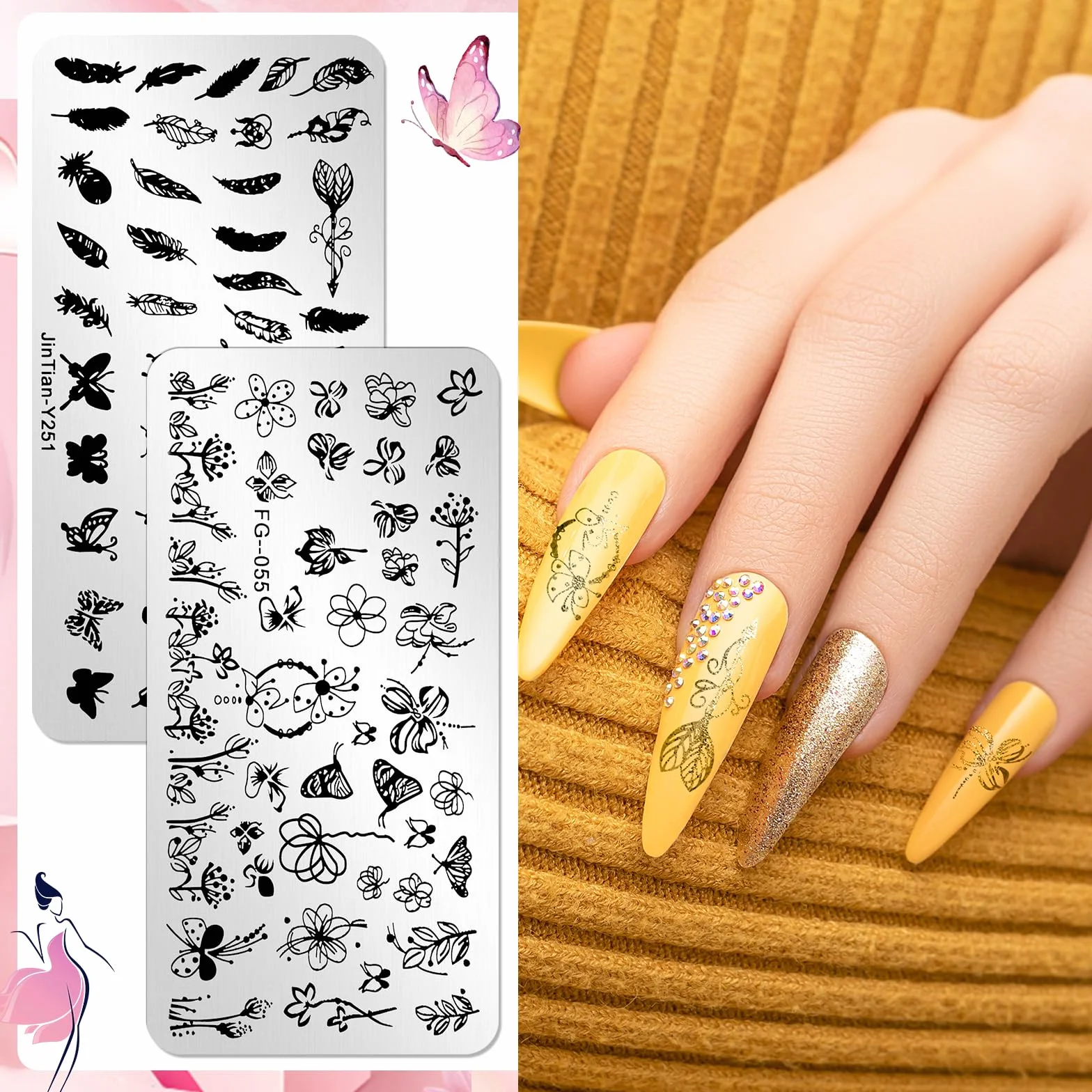 JSRQT 6 Pezzi Piastre per Nail Art, Farfalla Fiore Piuma Foglie Set di Nail Art Stamping Stampini, Piastre per Nail Art in Metallo, Modelli di Stencil per Unghie per Donne Manicure Art Fai da Te