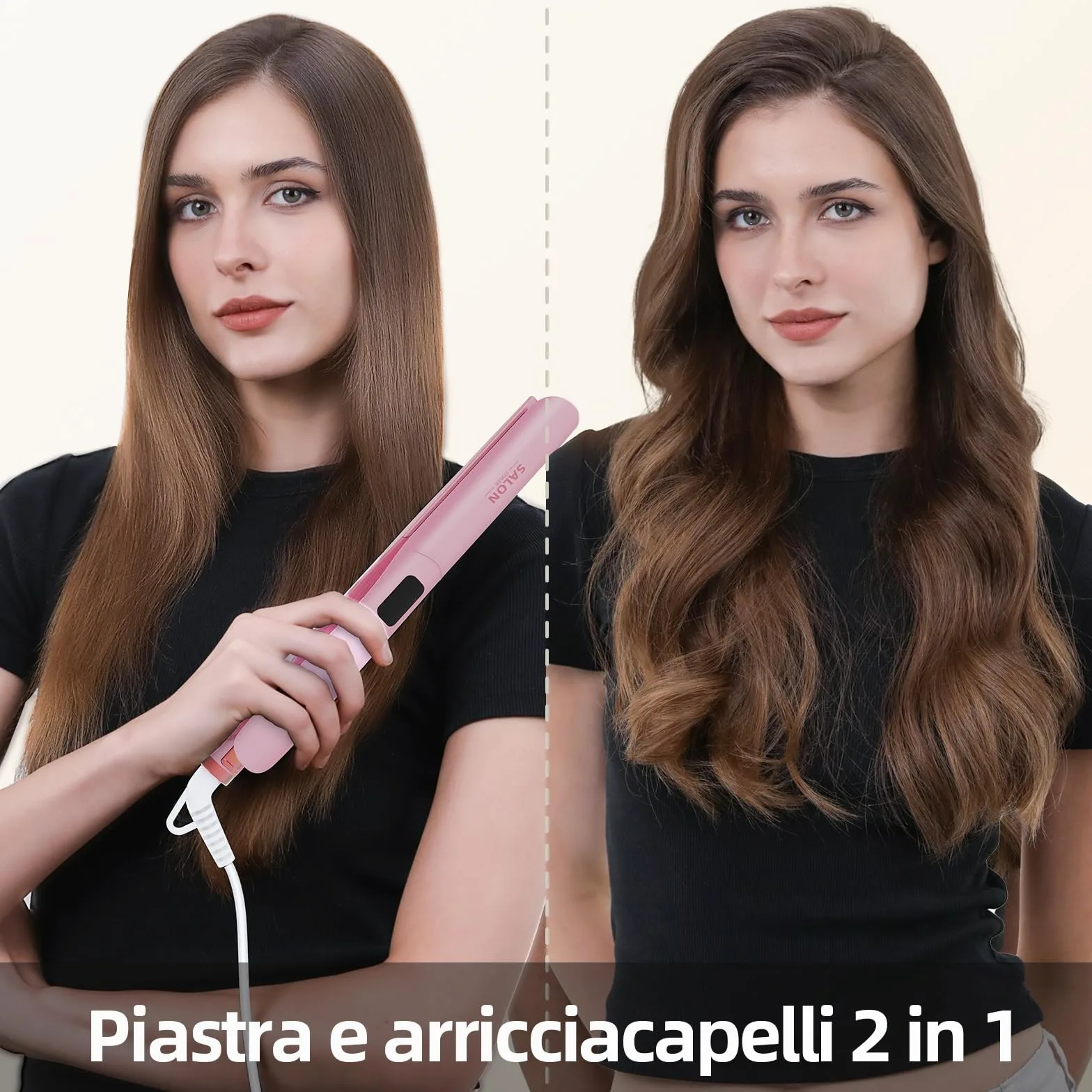 Dekuri 2 in 1 Piastra per capelli e arricciacapelli | piastra liscia in titanio, ferro da stiro a calore rapido 30s, display LCD 120-230℃, piastra capelli ioniche per donne