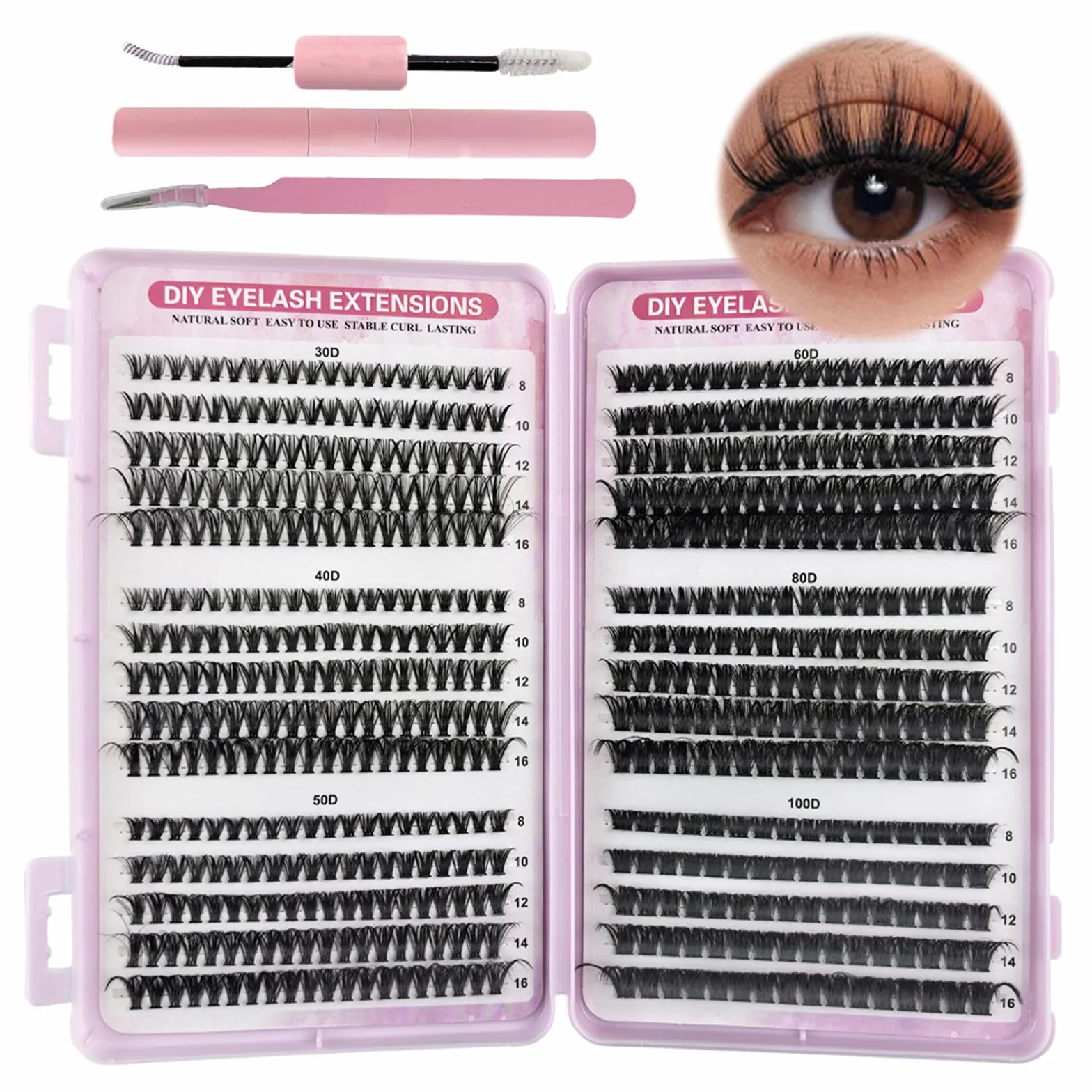 VEGCOO 570 Pezzi Ciglia Finte Ciuffetti Kit Extension Ciglia 30-100D 8-16mm DIY Eyelash Extension con Accessori