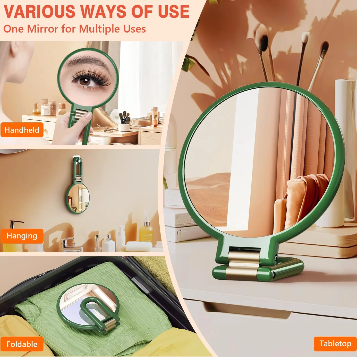 Auxmir Specchio Ingranditore Bifacciale 30X/1X, Specchio a Mano 14CM, Alta Definizione, Portatile, Pieghevole, Appendibile, Specchio Trucco da Viaggio per Trucco, Cura del Viso, Verde