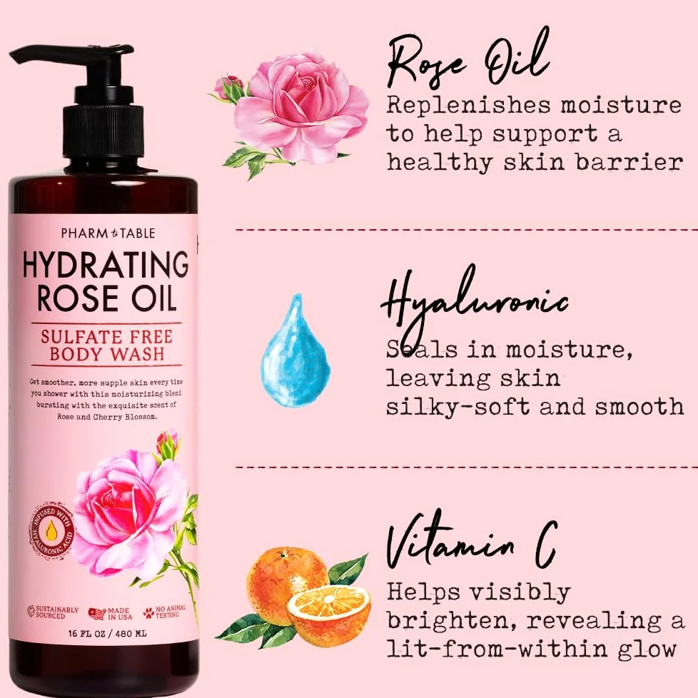 PHARM TO TABLE Gel doccia idratante con olio di rosa, per donne e uomini: idrata e illumina la pelle, senza solfati, 100% cruelty free, 480 ml