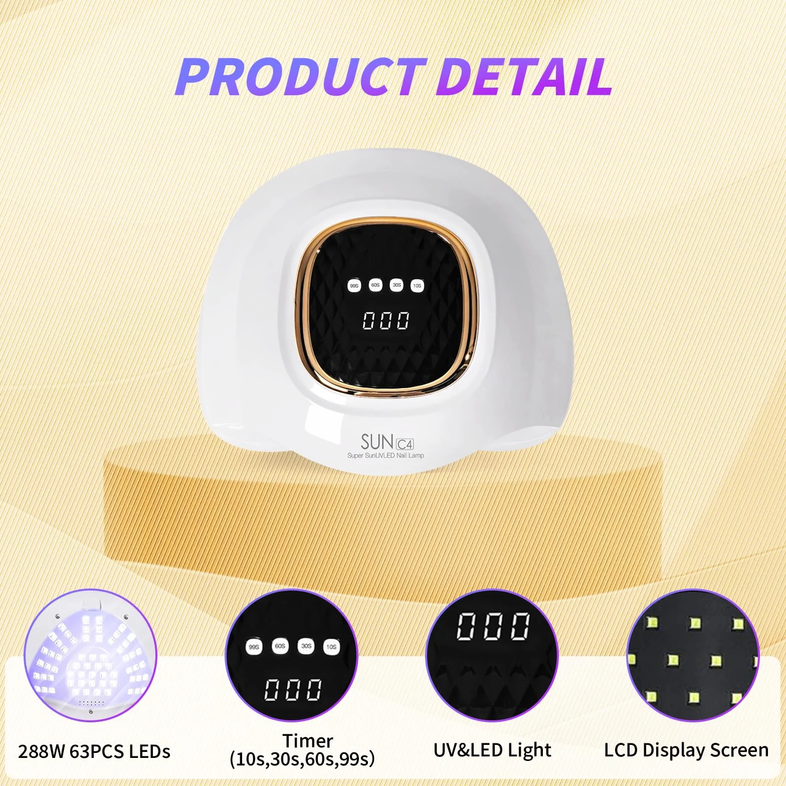 Lampada per unghie UV LED da 248 W, lampada per unghie in gel UV con 63 perle, sensore automatico e 4 impostazioni del timer, perfetta per casa e salone (C4)