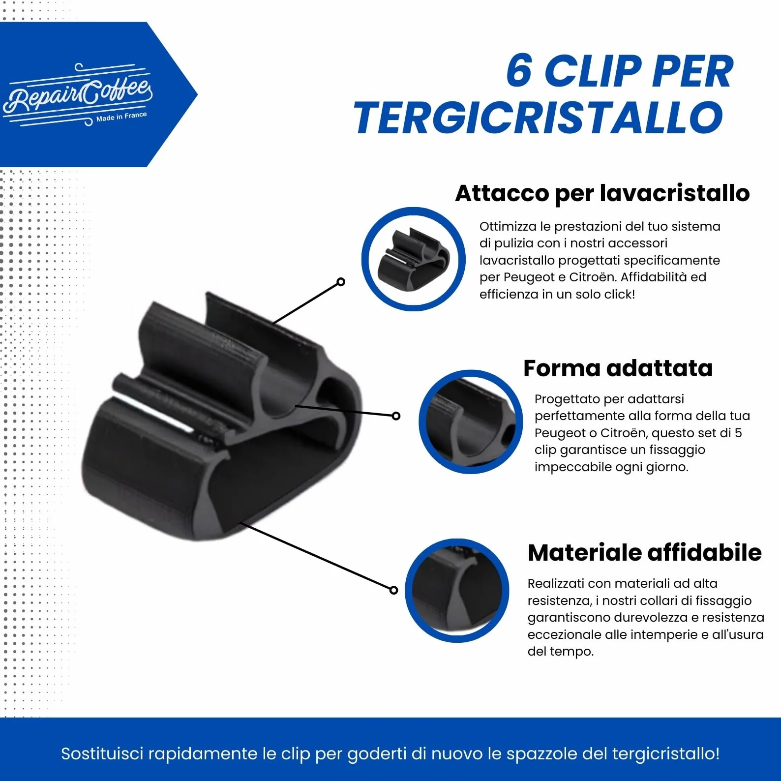 Set di 6 clip di serraggio per Peugeot 3008, 5008, Citroen C5, DS7 - fascette robuste per braccio tergicristallo anteriore