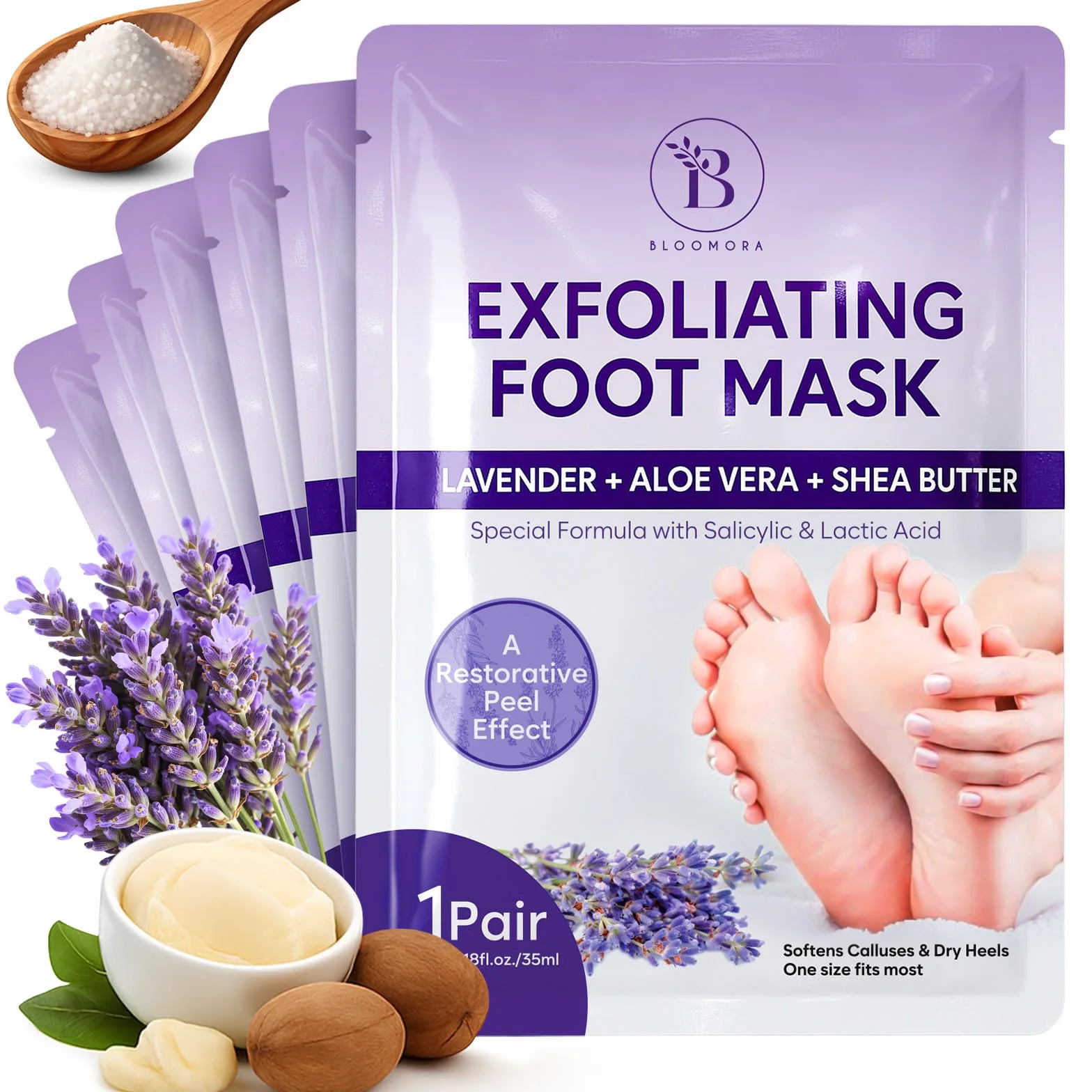Maschera Piedi Esfoliante (6 Paia), Trattamento per Talloni Screpolati con Lavanda e Burro di Karité, Peeling Piedi Idratante per Uomo e Donna, Calzini Esfolianti Taglia Unica