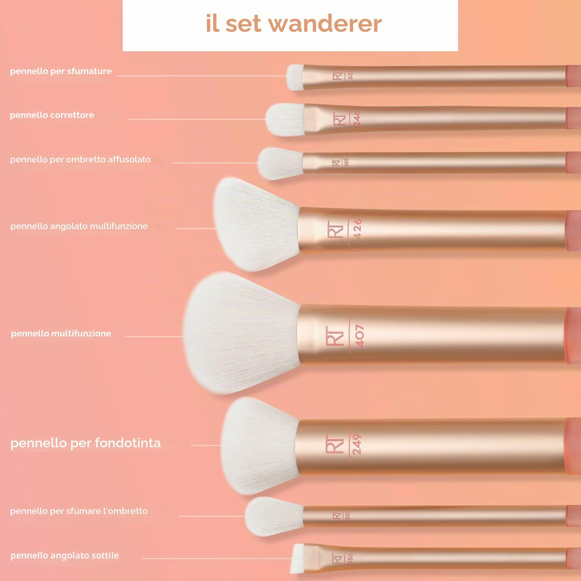Real Techniques The Wanderer - Set di pennelli professionali e di alta qualità, setole morbide, per fondotinta, polveri e correttori, set da 9 pezzi