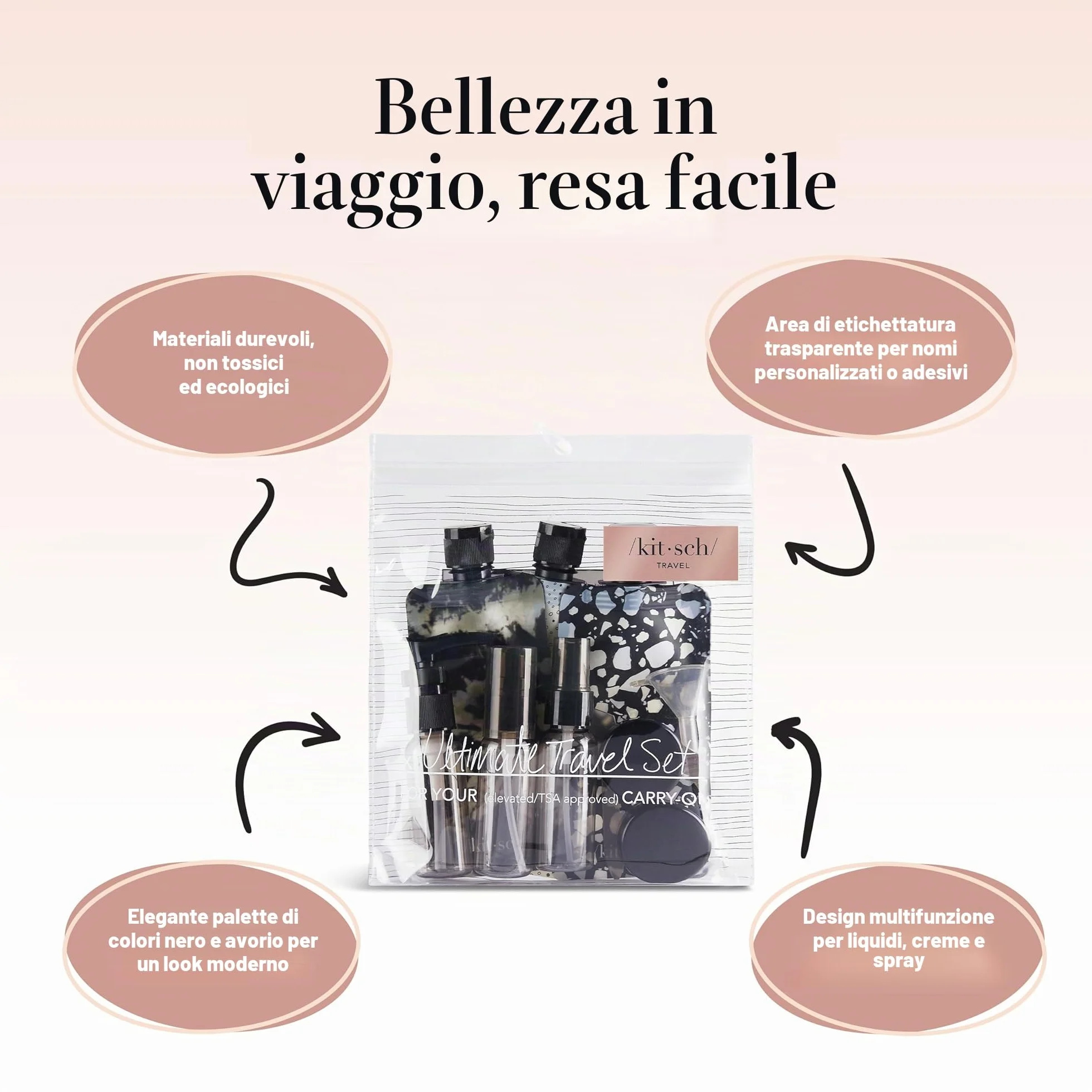 Kitsch Set da Viaggio 11 Pezzi per Toiletries – Kit Essenziale per Shampoo, Balsamo, Lozione e Altro, Contenitori Ricaricabili da Viaggio a Prova di Perdite – Nero & Avorio