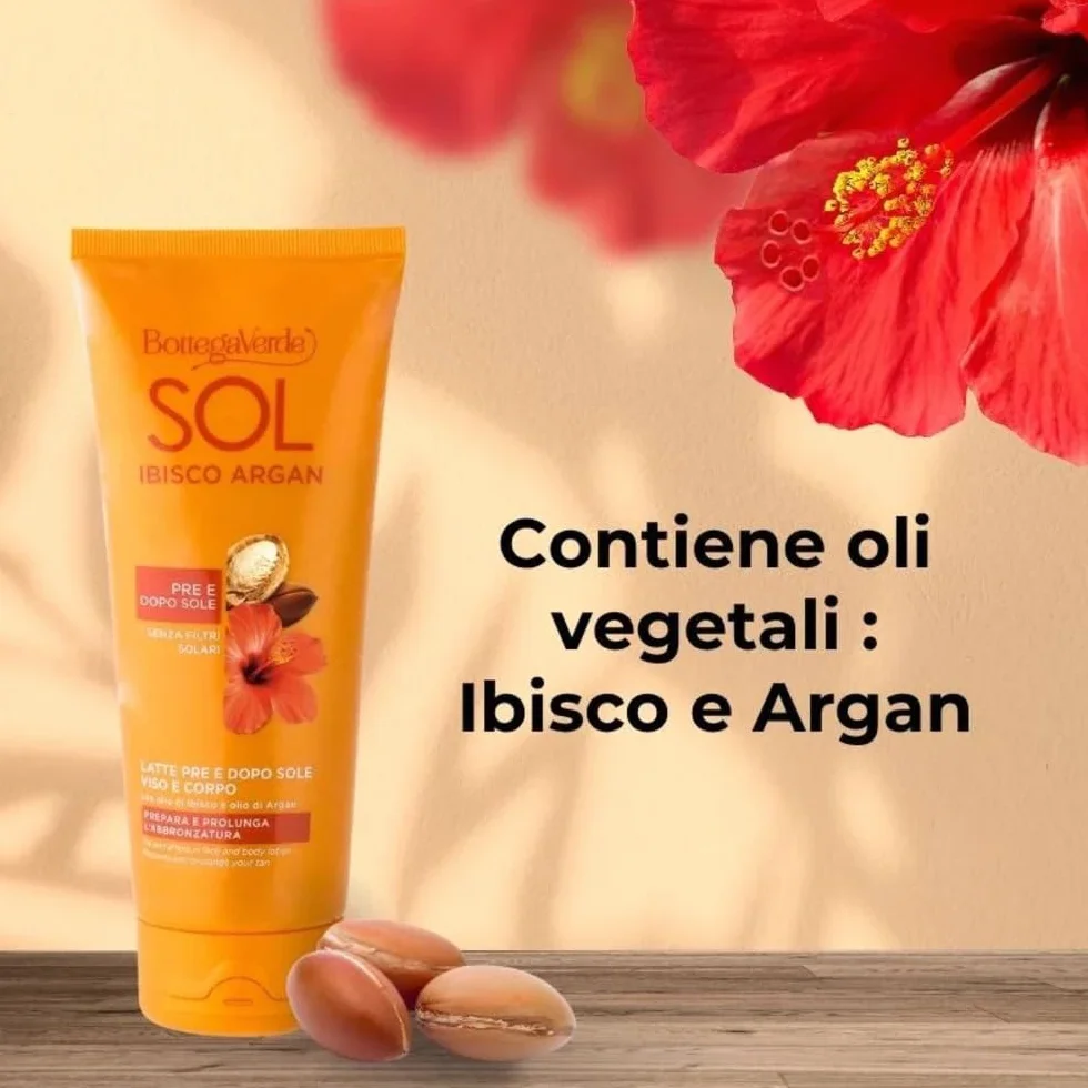 Bottega Verde - SOL Ibisco Argan, Latte Presole e Doposole Viso e Corpo, 200ml, Idrata e Prolunga l'Abbronzatura, Senza Filtri Solari