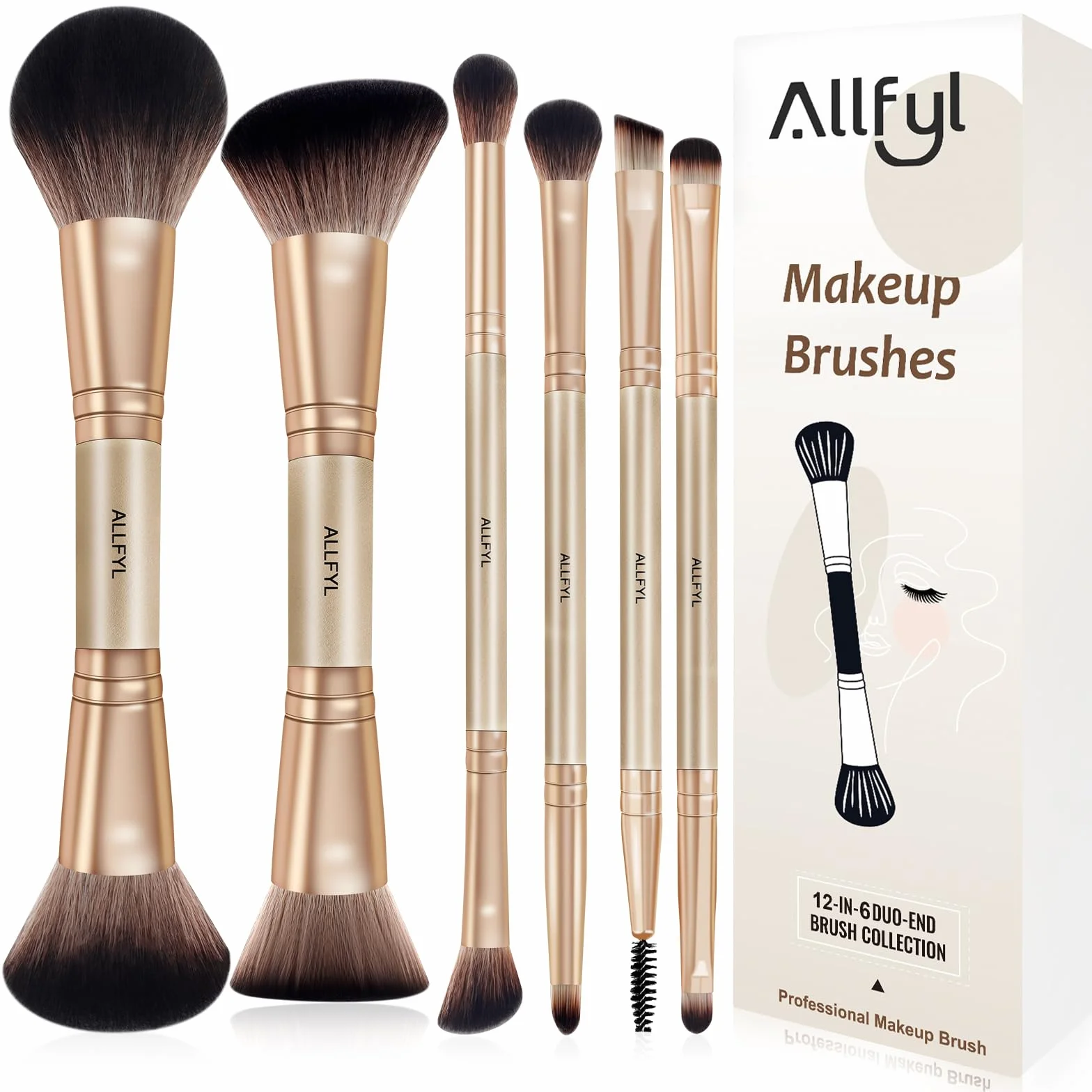 Set 6 Pennelli Doppi Trucco Professionali, Champagne, Pennello Fondotinta incluso, Pennelli Make Up per Viso Contour Occhi Labbra, Confezione Regalo da Viaggio per Donne