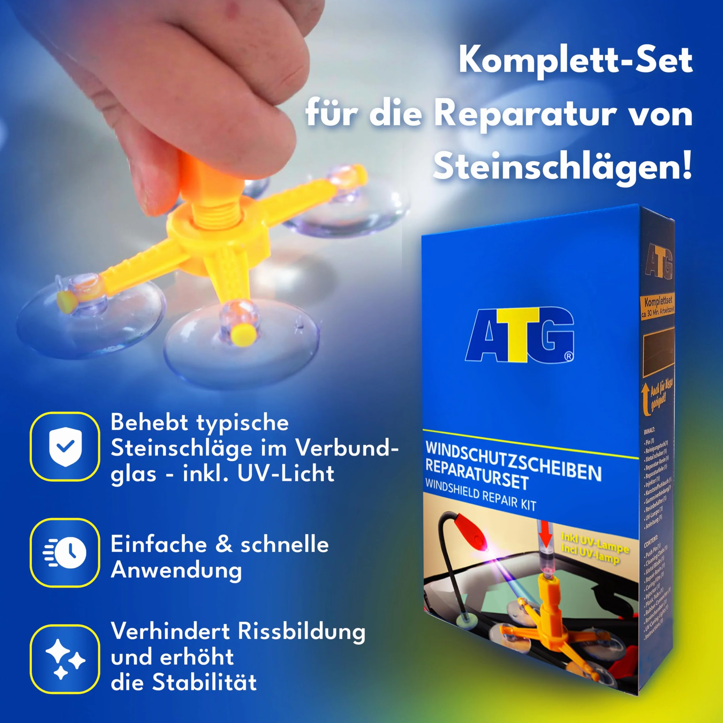 ATG® Kit riparazione parabrezza auto con lampada UV – Resina polimerizzazione rapida