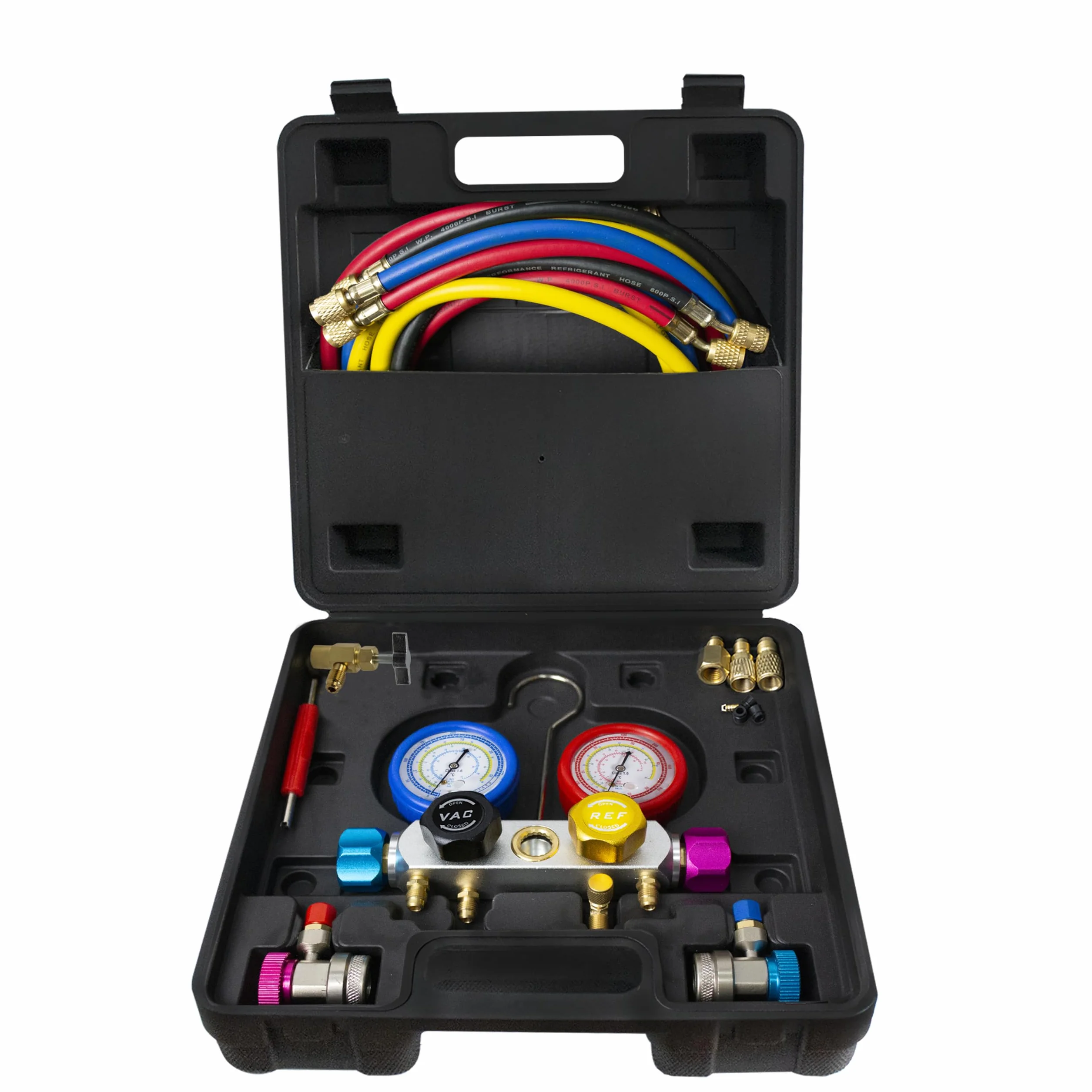 BACOENG Set Manometri Condizionatori 4 Vie, Kit Ricarica Aria Condizionata Auto 1.5m Tubi R134A R410A R32 Refrigerante