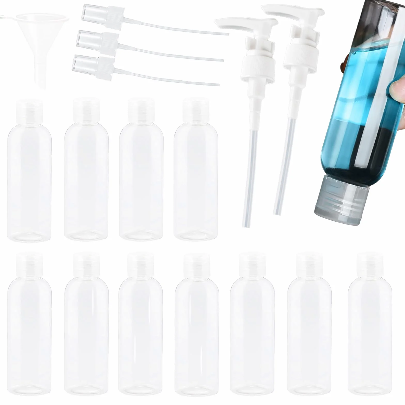 Set di 10 flaconi da viaggio - Flaconi dispenser in plastica trasparente da 100 ml con tappo a scatto, mini flaconi d'aria, contenitori per gel doccia da viaggio in PET per lozione di riempimento