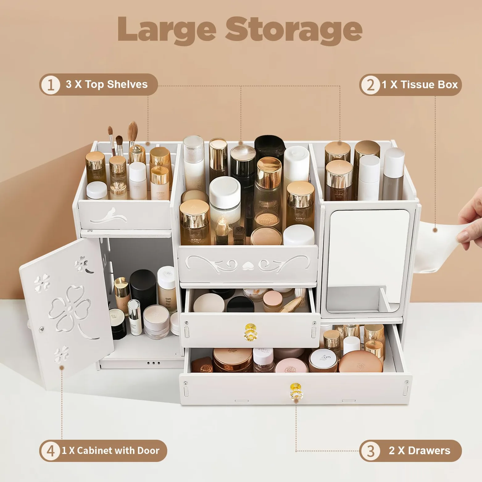 Organizer per trucchi con 3 cassetti - Scatola cosmetica con suddivisione (1/2, 1/3, 1/4) per rossetti, pennelli e creme, contenitore stabile per tavolo da toeletta, bagno