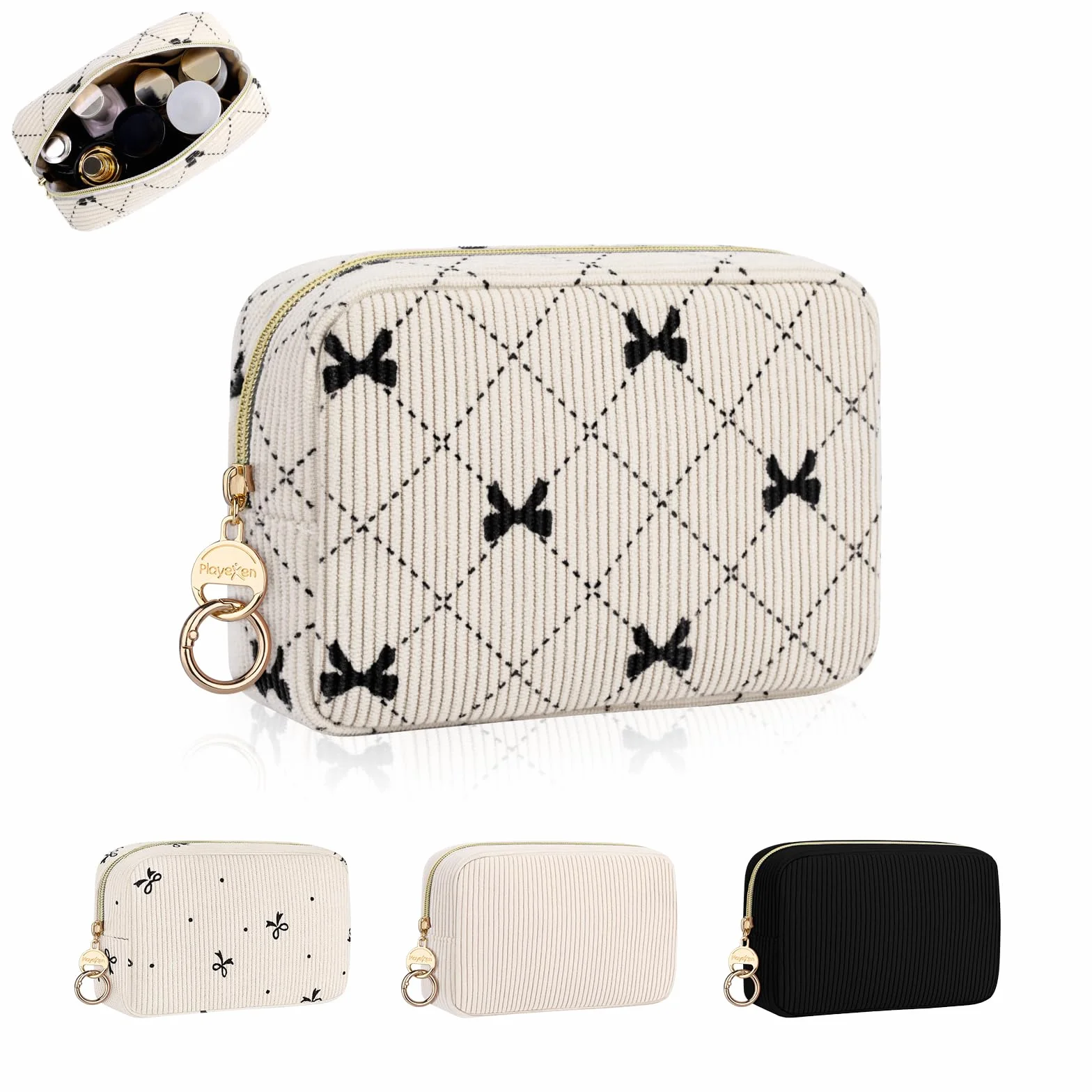 16*5*11cm Grande Pochette Donna Trucchi Piccolo Beauty Case da Viaggio per Cosmetici Organizer Trousse da Borsetta Ragazza in Velluto a Coste per Truccho Accessori Amica Compleanno(Beige-farfalla)