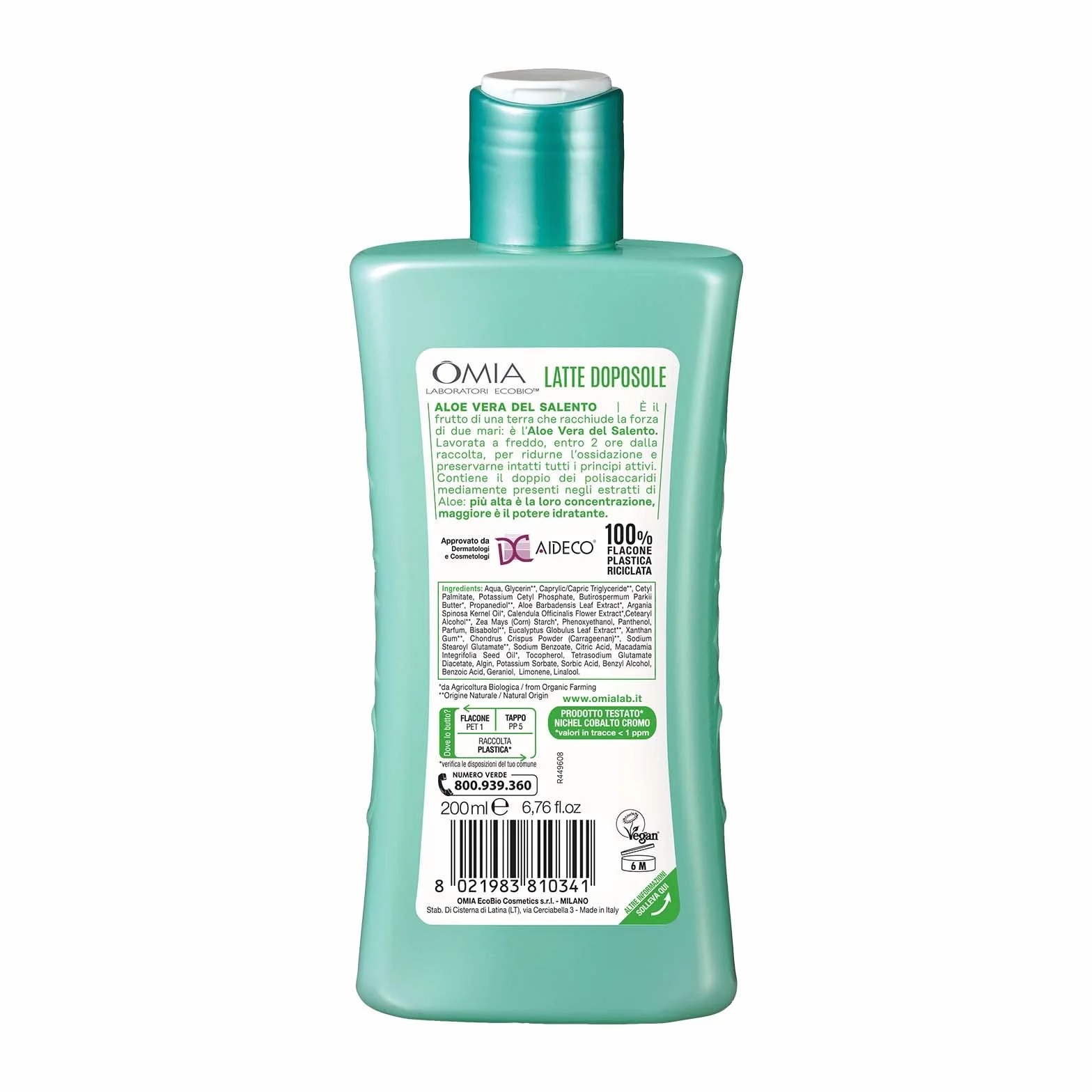 Omia, Doposole Latte Lenitivo con Aloe Vera del Salento, Azione Idratante e Nutriente, Effetto Riparatore, con Olio di Argan, Macadamia e Burro di Karité, Dermatologicamente Testato, Flacone da 200 ml