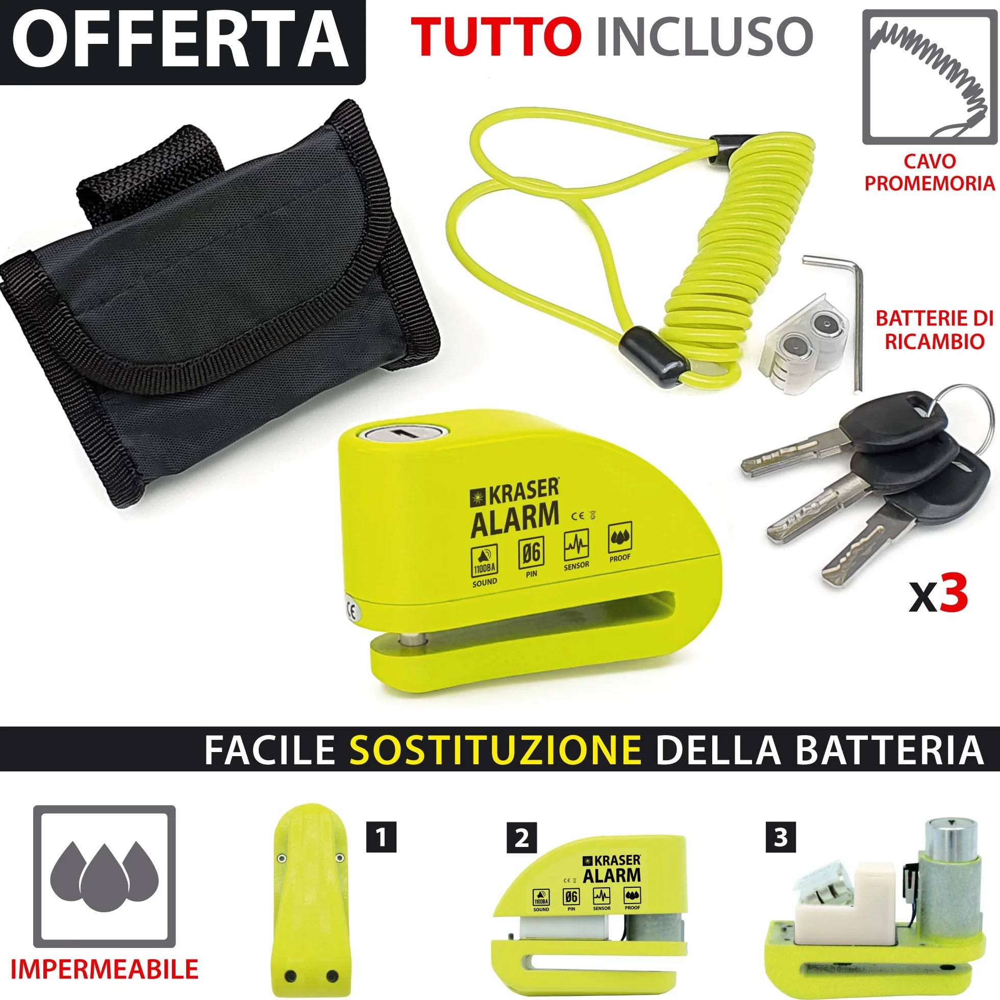 KRASER KR6Y Blocca Disco per Moto con Allarme 110dB, Antifurto Moto, Impermeabile, Cavo Reminder 1.5m Borsa