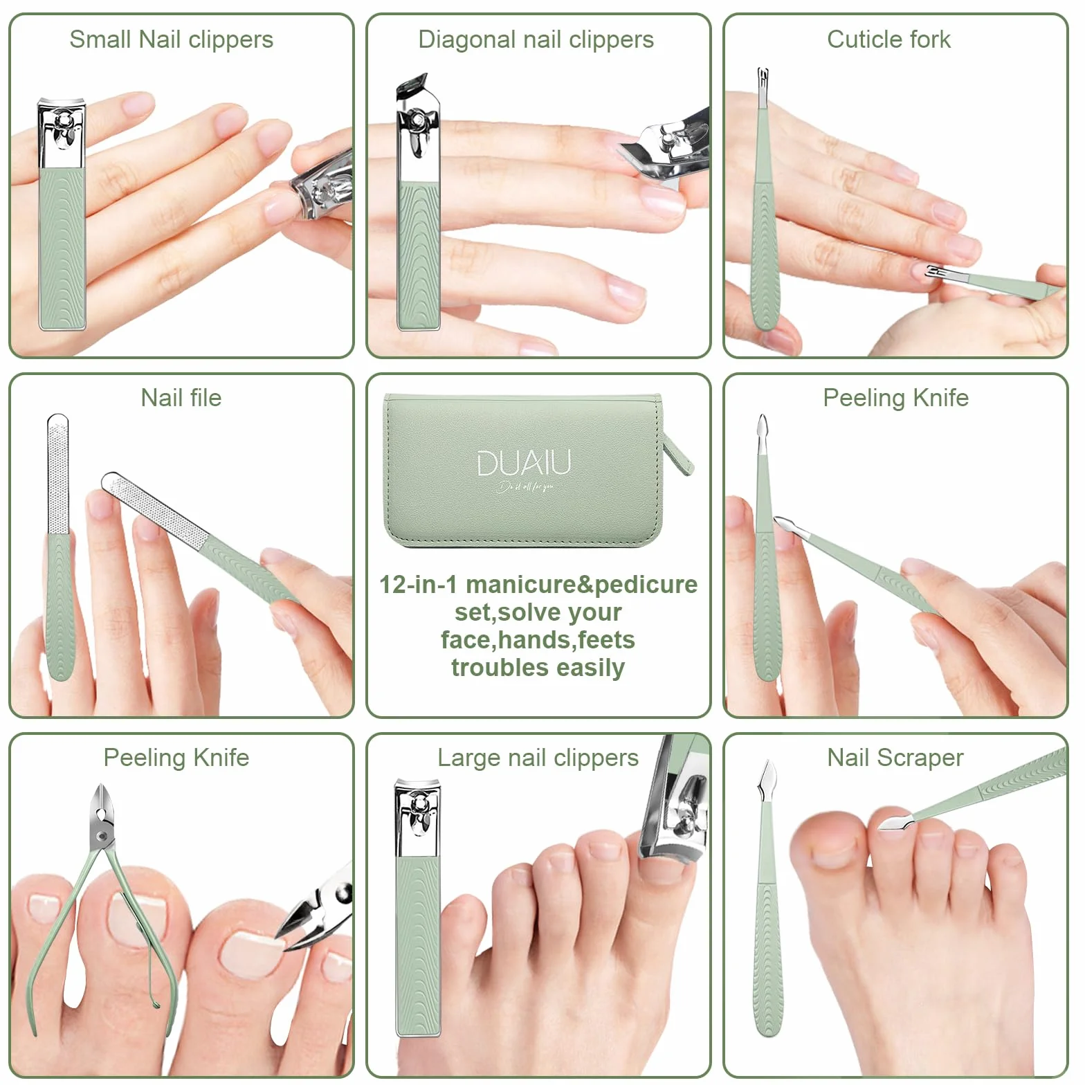 Kit Manicure Professionale 12 Pezzi Acciaio Inox Tagliaunghie Set Donne Uomini con Borsa Viaggio