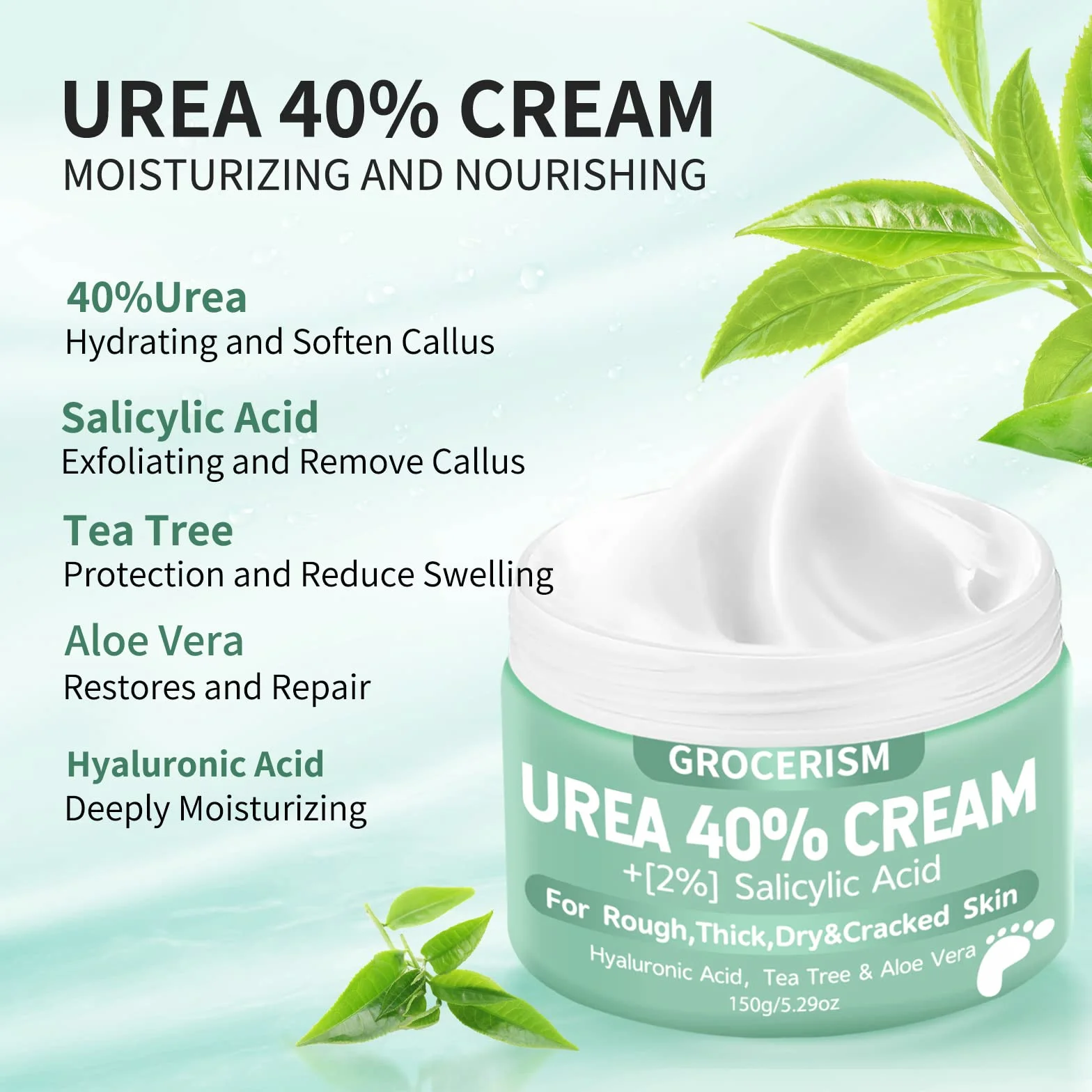 Crema Piedi Urea 40% 150g con Acido Ialuronico, Tea Tree, Aloe Vera - Idratazione Profonda