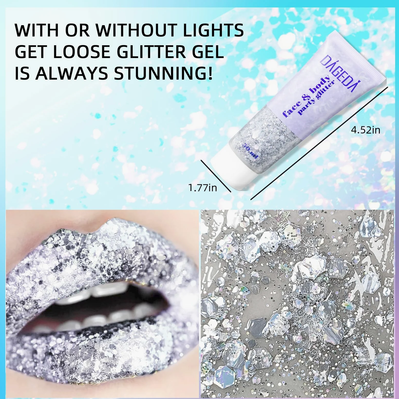 DAGEDA Silver Holographic Body Glitter Festival Makeup Face Glitter per Accessori Rave Ombretto Shimmer, Cosmetici, Lucido Corpo Shimmer Capelli Glitter Gel