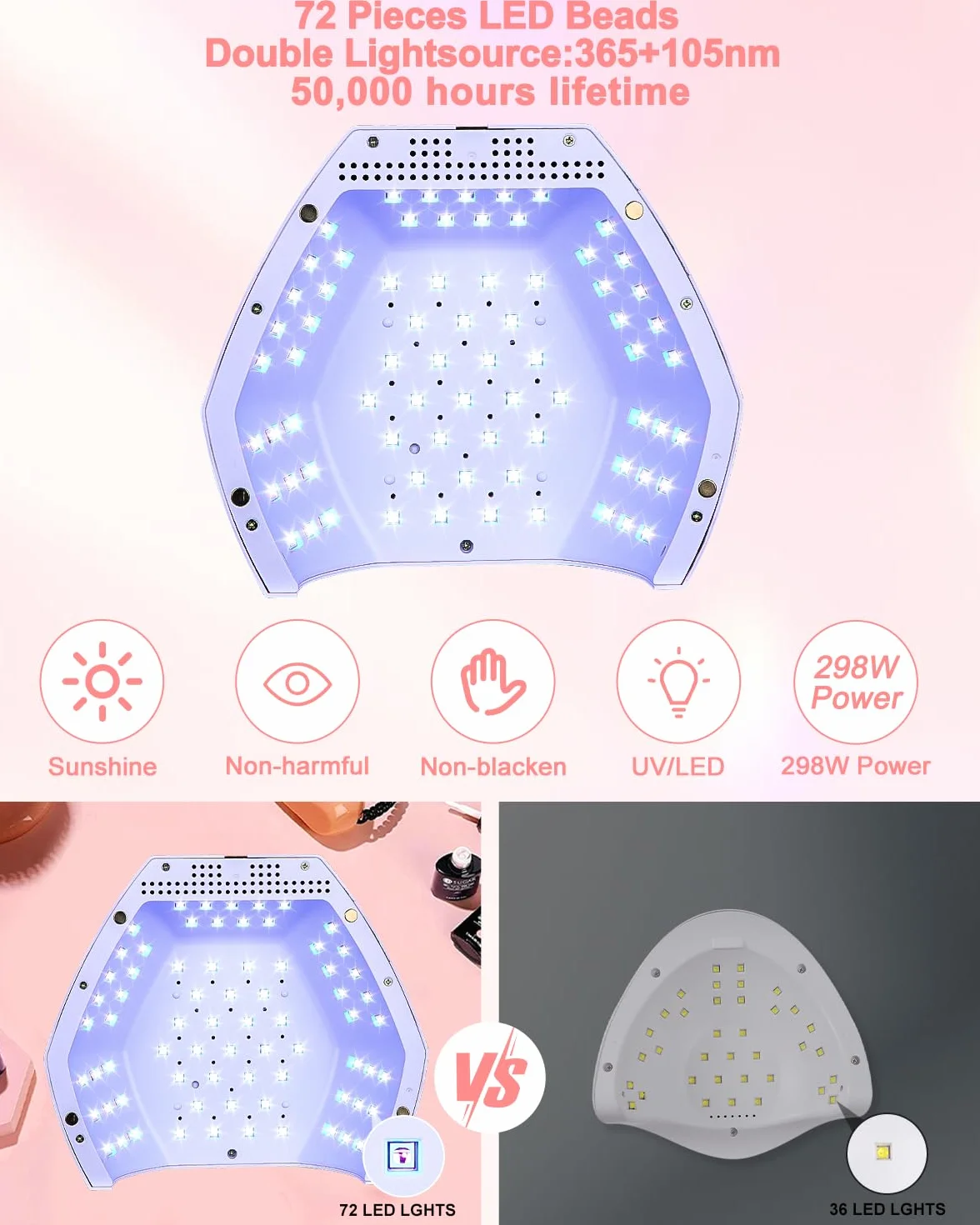 298W Lampada UV LED Unghie, con 72 Leds Fornetto Unghie Semipermanente, Lampada UV con 4 Timer e Sensori Automatici, Lampada LED Unghie