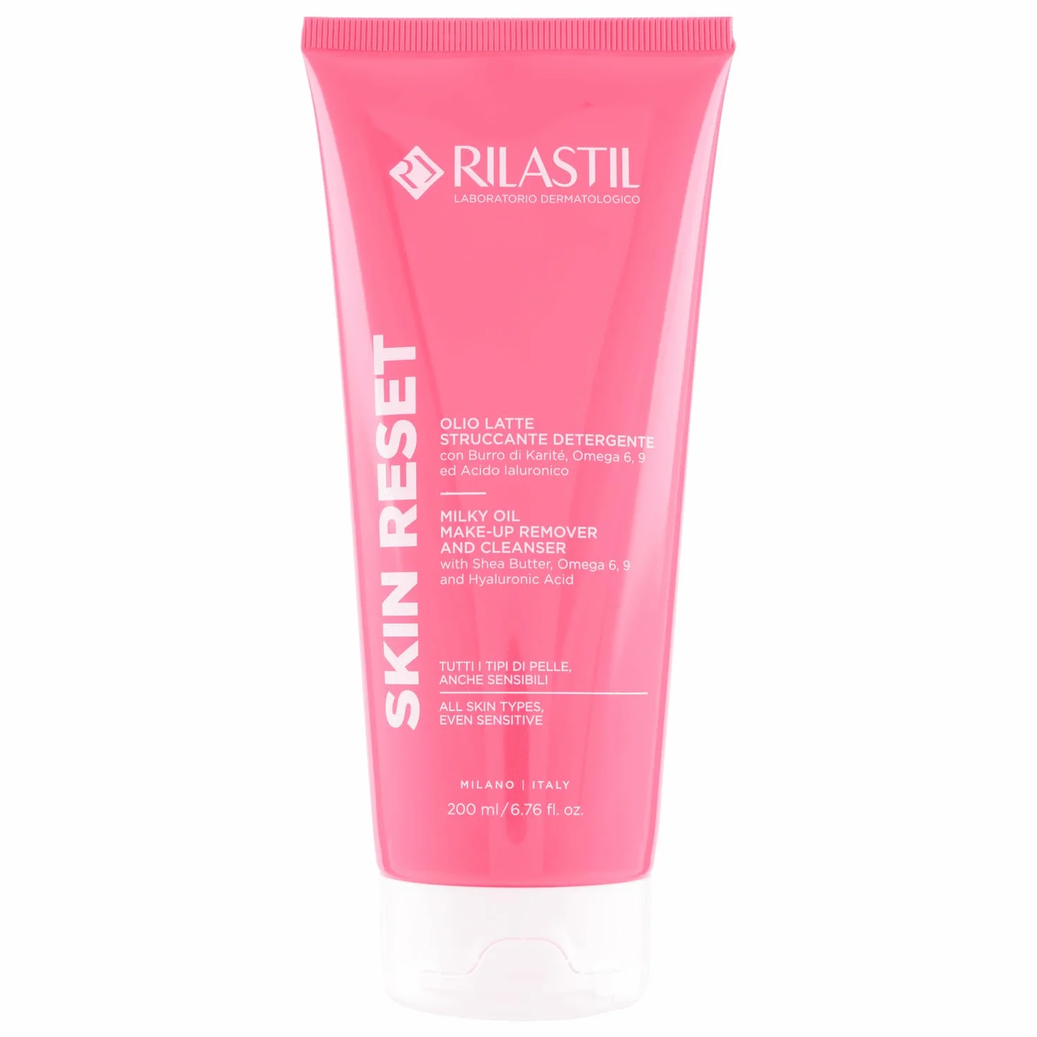 Rilastil Skin Reset Olio Latte Struccante Detergente 200 ml con Burro di Karité, Omega 6-9, Acido Ialuronico