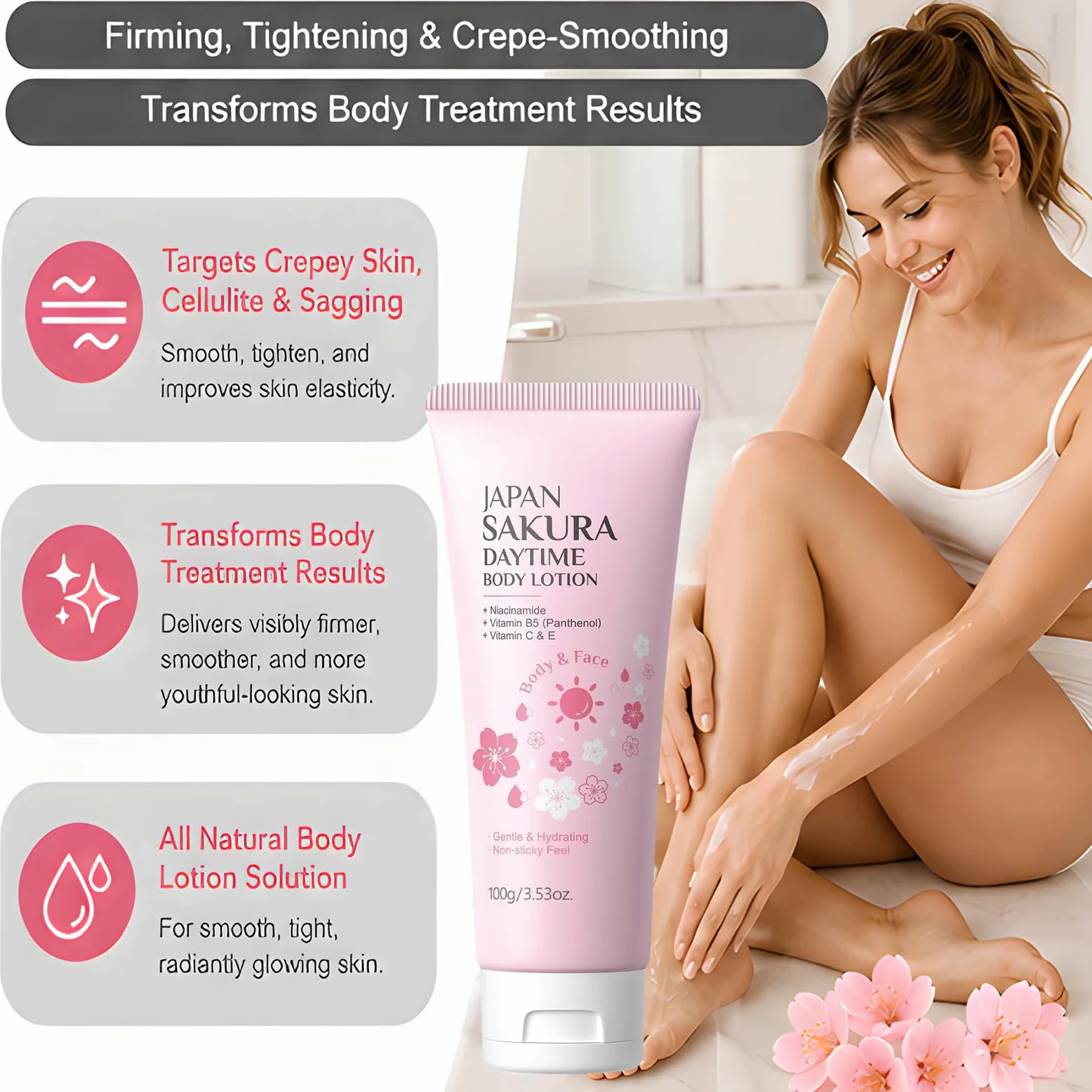 Giapponese Fiori di Ciliegio (Sakura) Illuminante Corpo Lozione - Rassodante e Anti-invecchiamento Idratante Quotidiano, Donne Pelle Secca Serraggio Profumato Idratante Crema (5 pezzi)