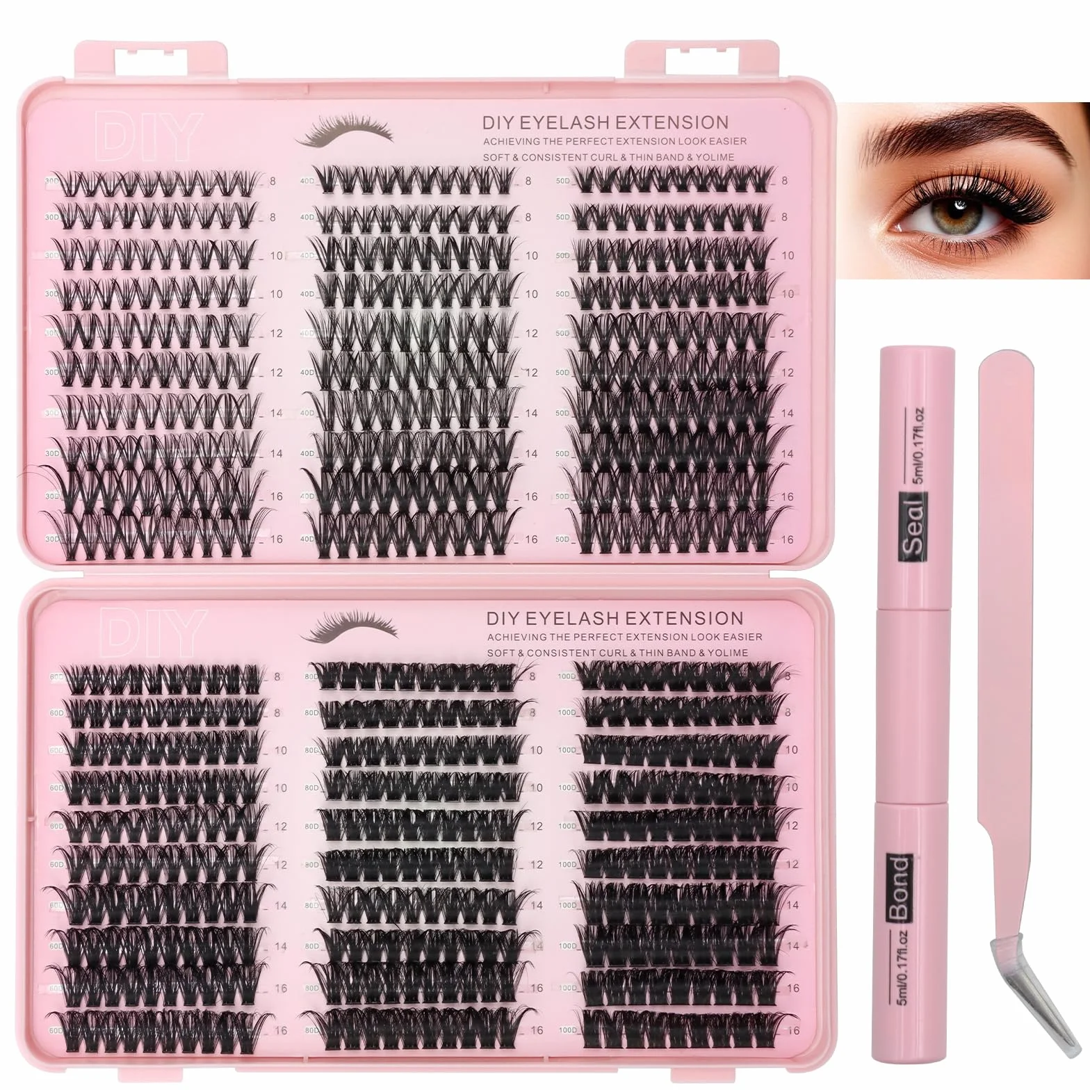 VEGCOO 570 Pezzi Ciglia Finte Ciuffetti, 30-40-50-60-80-100D Kit Extension Ciglia, Curl Ciglia Finte Ciuffetti 8-16mm, DIY Eyelash Extension Kit