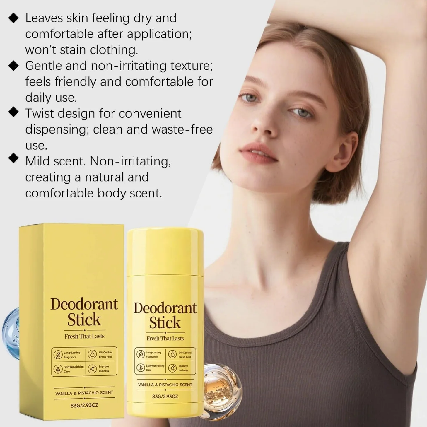 Stick Deodorante Alla Vaniglia E Pistacchio,Formula Liscia E Non Appiccicosa Per La Cura Quotidiana Delle Ascelle,Deodorante Unisex Con Sensazione Di Freschezza,83 G / 2,93 Oz(3PCS)