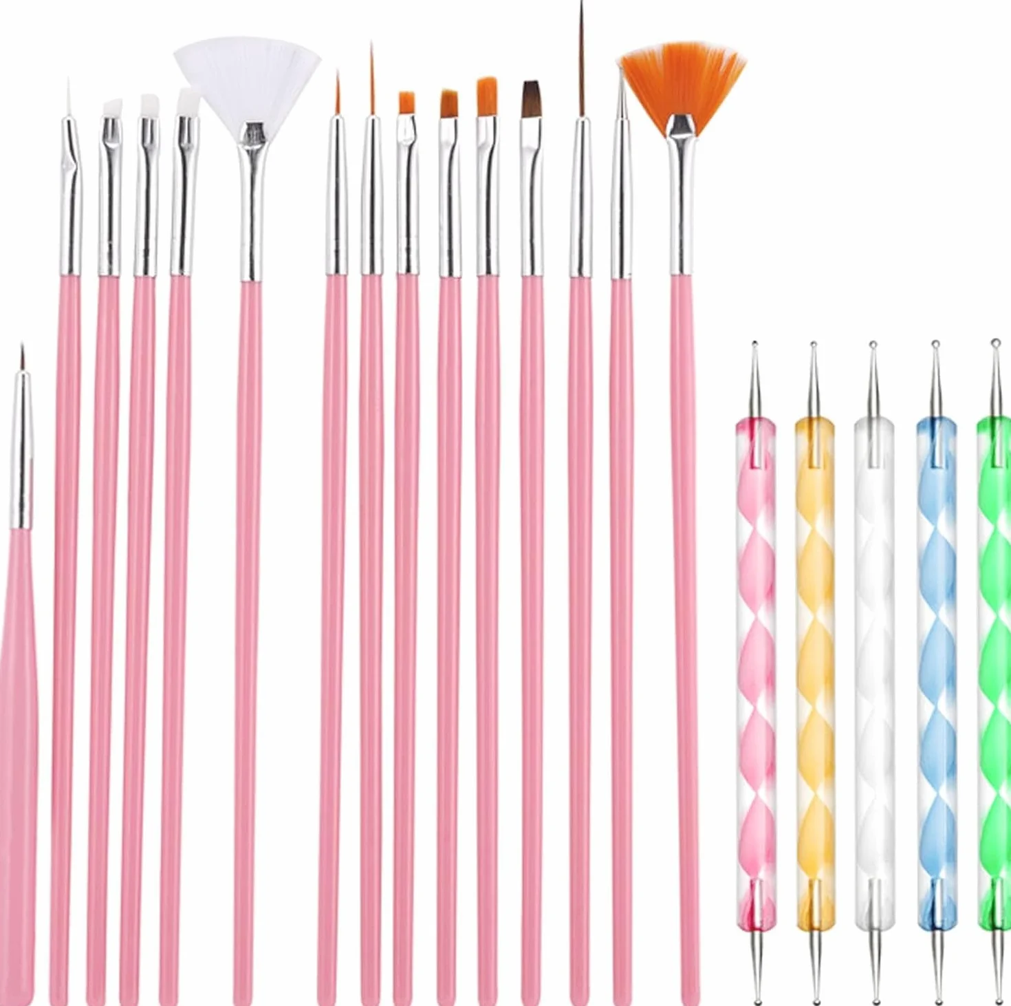 20 Pennelli per Unghie, Pennello per Gel con Punta Dotting, Pennello per Costruzione Gel UV, Pennello Sottile per Unghie Acrilico per Design Nail Art Fai-da-Te - Rosa
