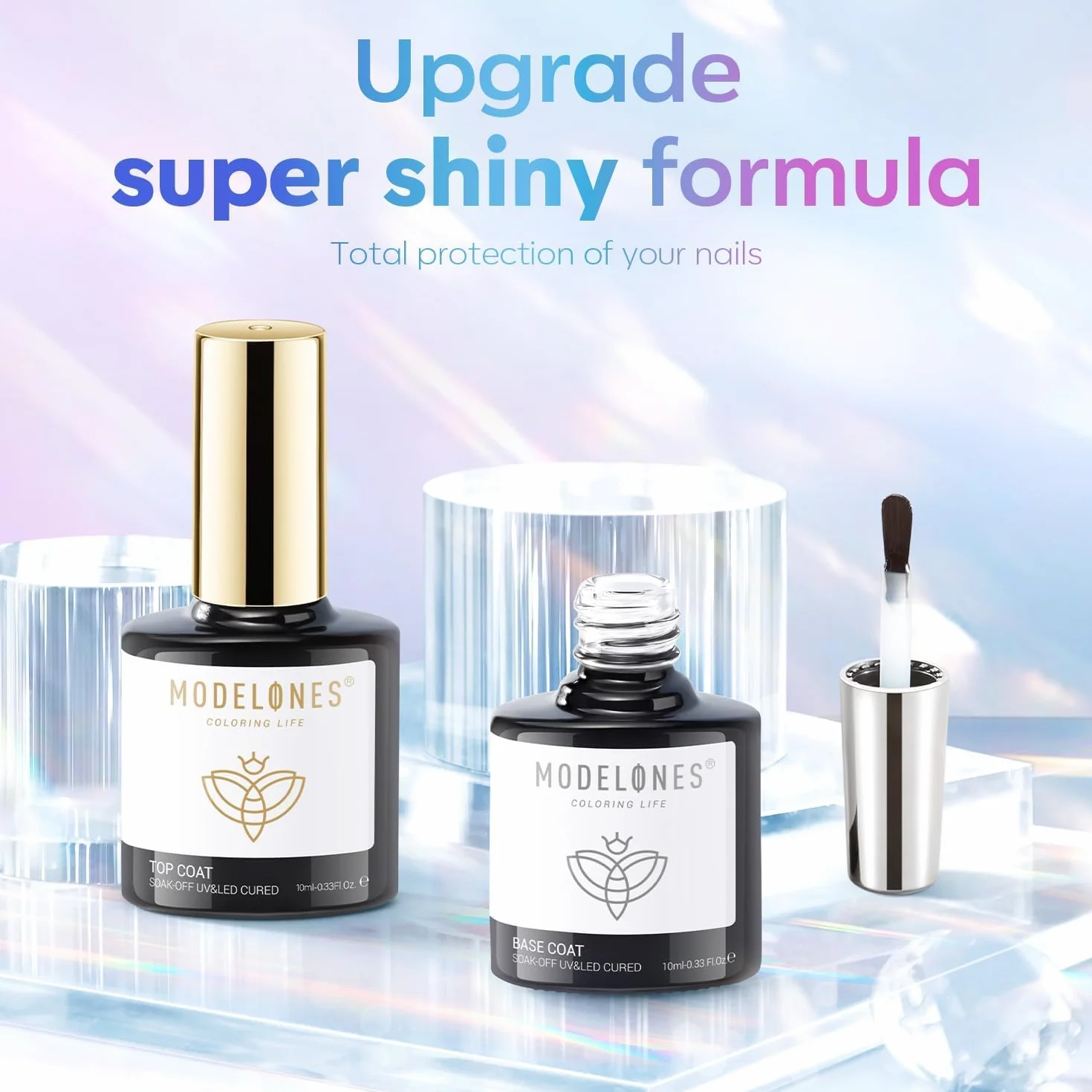 Modelones Base e Top Coat Semipermanente per Unghie 2 x 10ml Soak Off UV LED Manicure Kit