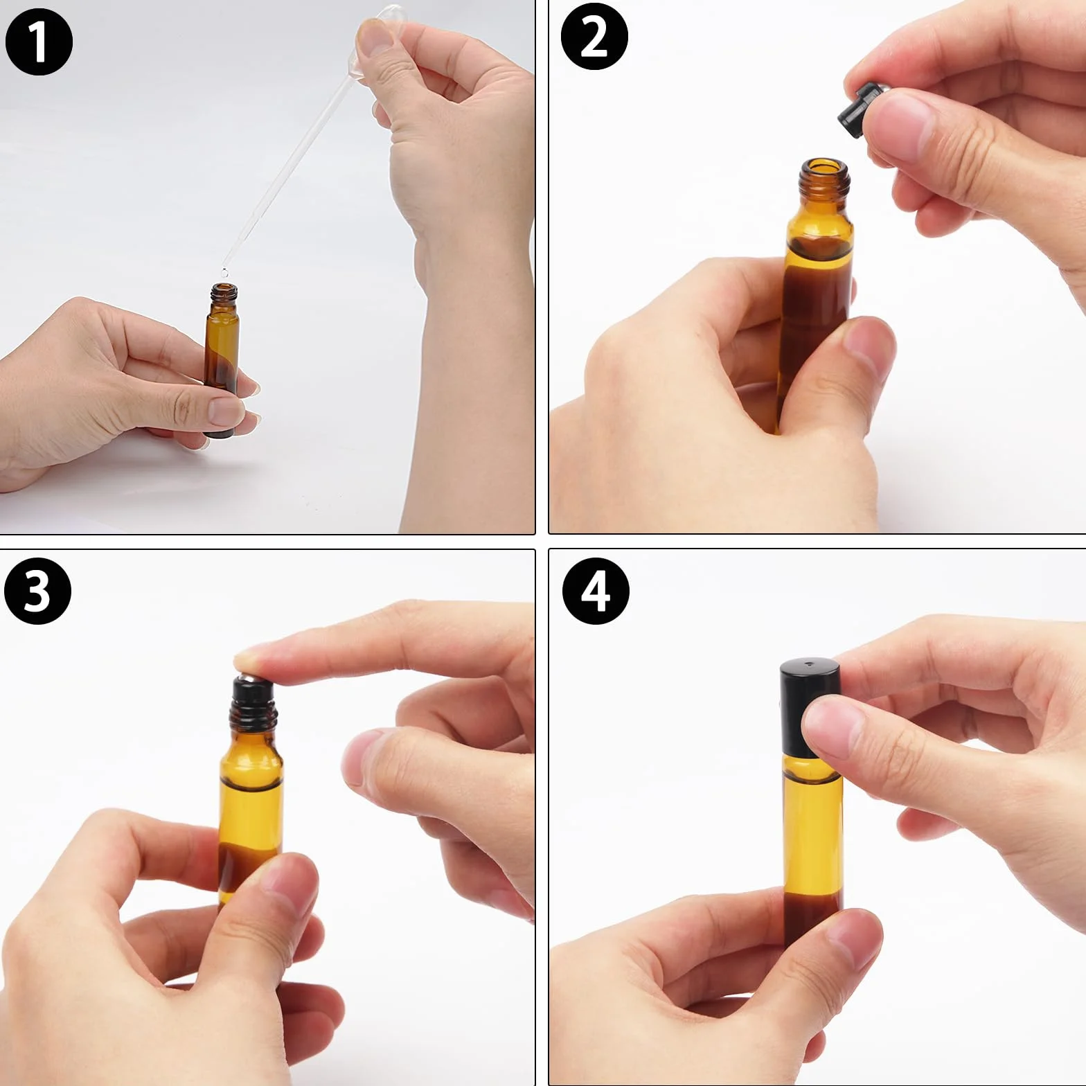 Roll on - Bottiglie di vetro per olio essenziale, 35 pezzi, colore marrone, rollon, vuote, 10 ml, per oli con rullo in acciaio inox, per oli essenziali, lozioni, profumi, massaggi