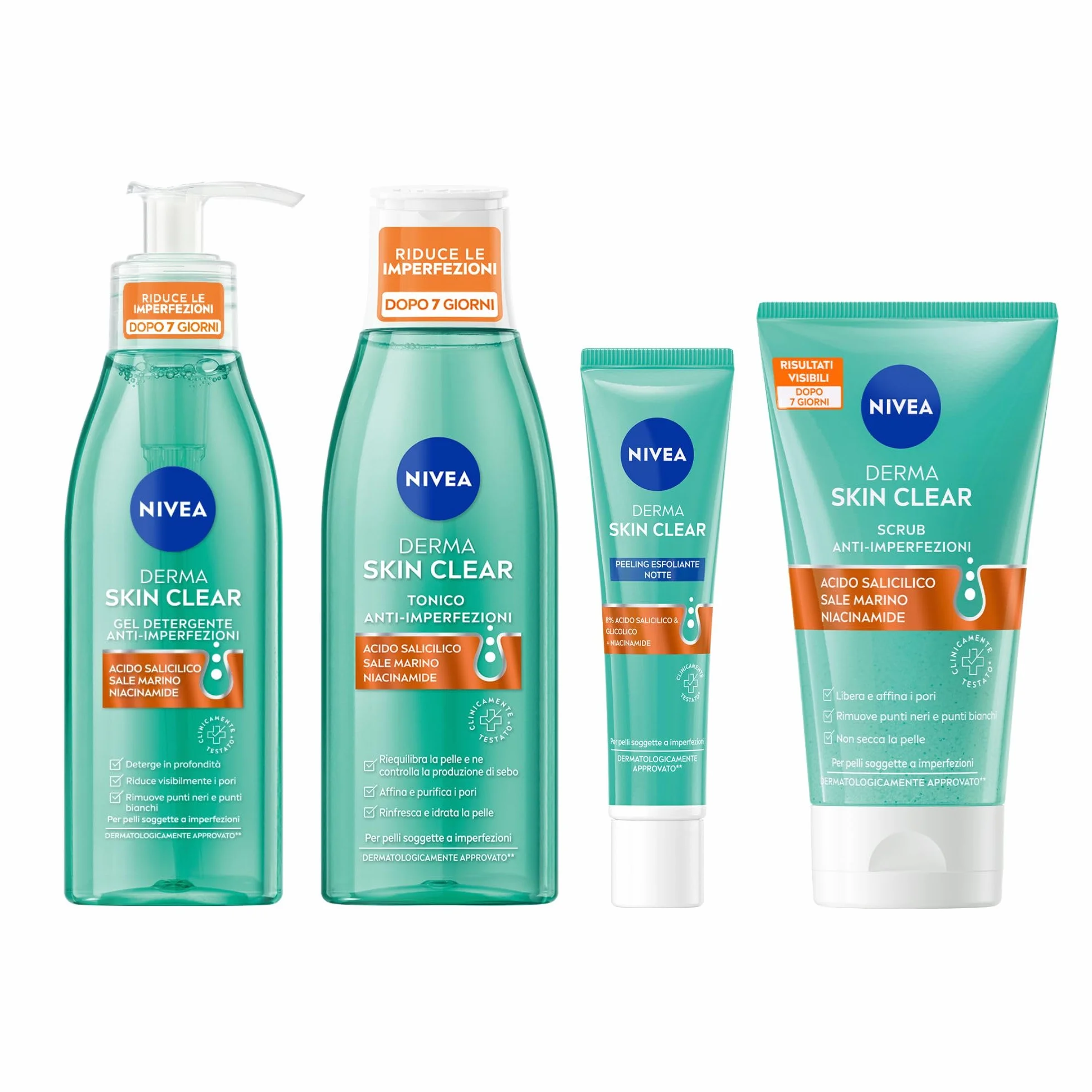 NIVEA Special Pack Derma Skin Clear Anti Imperfezioni, Gel detergente viso 150ml + Peeling notte 40ml + Scrub viso e corpo 150ml + Tonico astringente 200ml