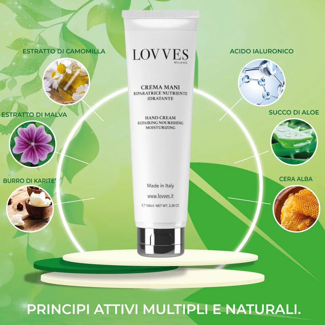 LOVVES Crema Mani, Alta Cosmesi Naturale, Effetto Lifting, Riparatrice Nutriente Idratante, Formulata Come Trattamento Antieta’, Preserva l’aspetto Giovane delle Mani. Formato 100 ml