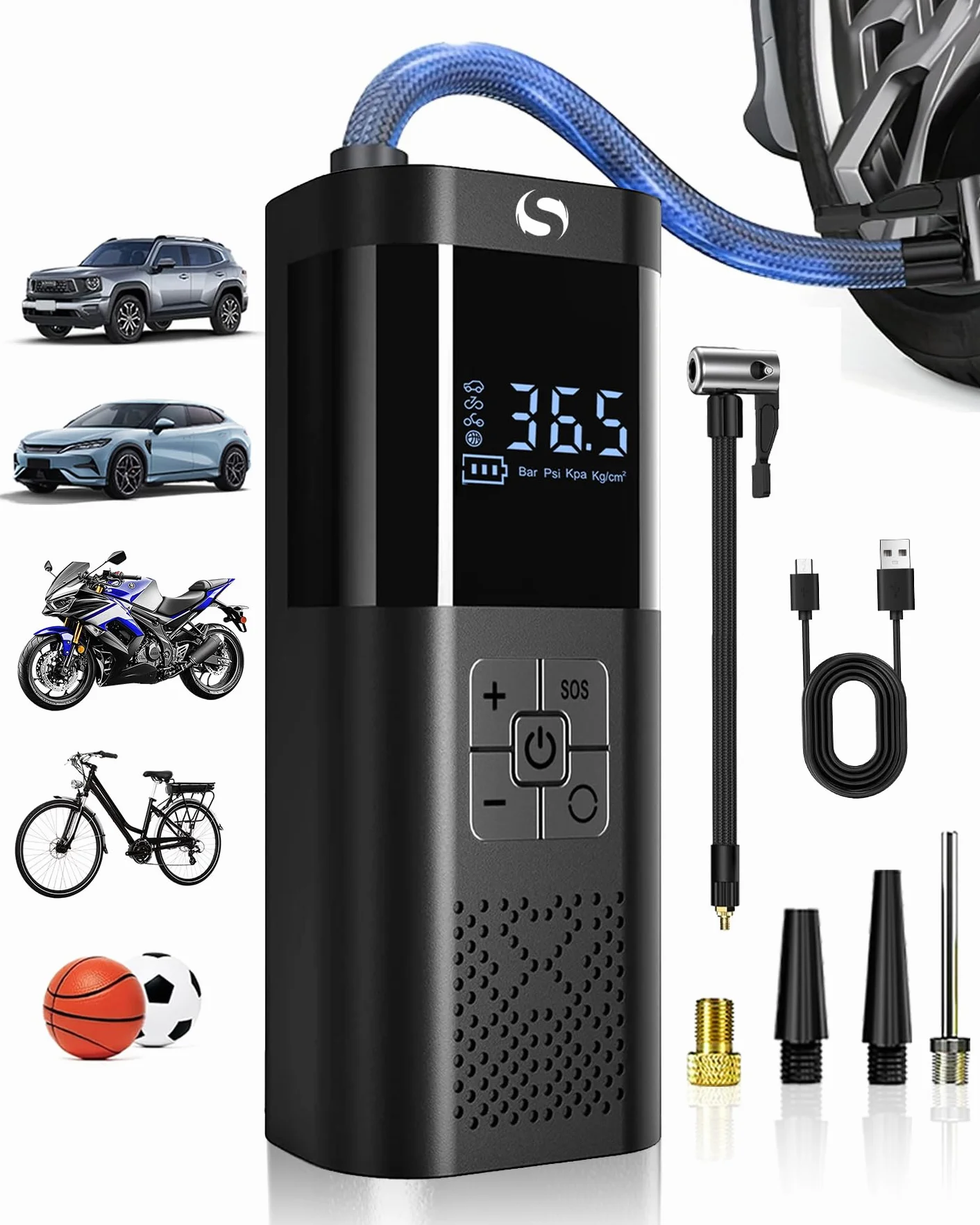 Compressore Aria Portatile, Mini Compressore a Batteria con Manometro, Accessori Auto per Gli Uomini Donne, 150PSI Gonfiatore Elettrico con Luce LED Adatto per Auto Moto Bici Palla
