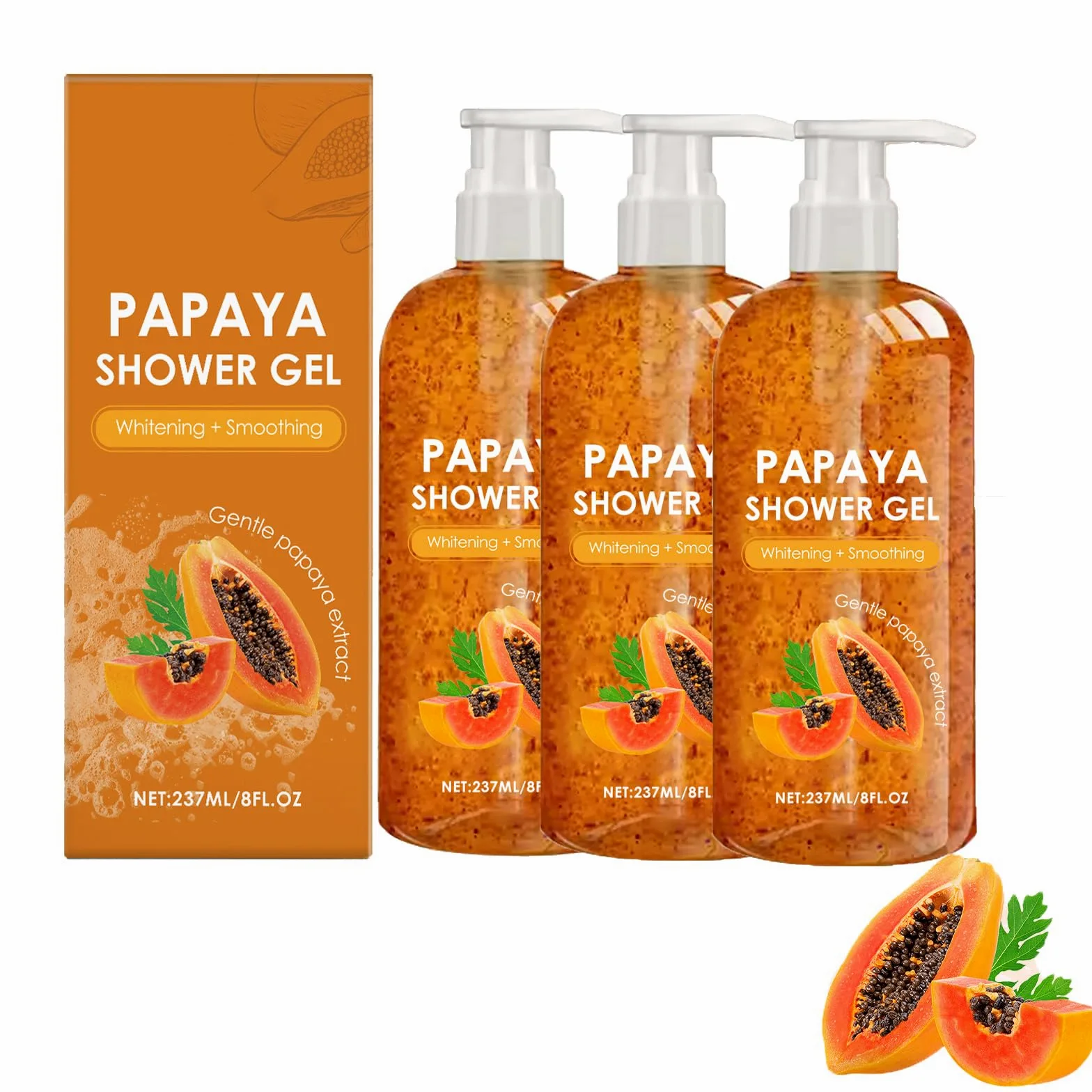 Gel doccia naturale Papaya con estratti vegetali per l'idratazione, detergente per il corpo leggero idratante, pulizia delicata e profumo rinfrescante, crea schiuma setosa (3 pezzi)